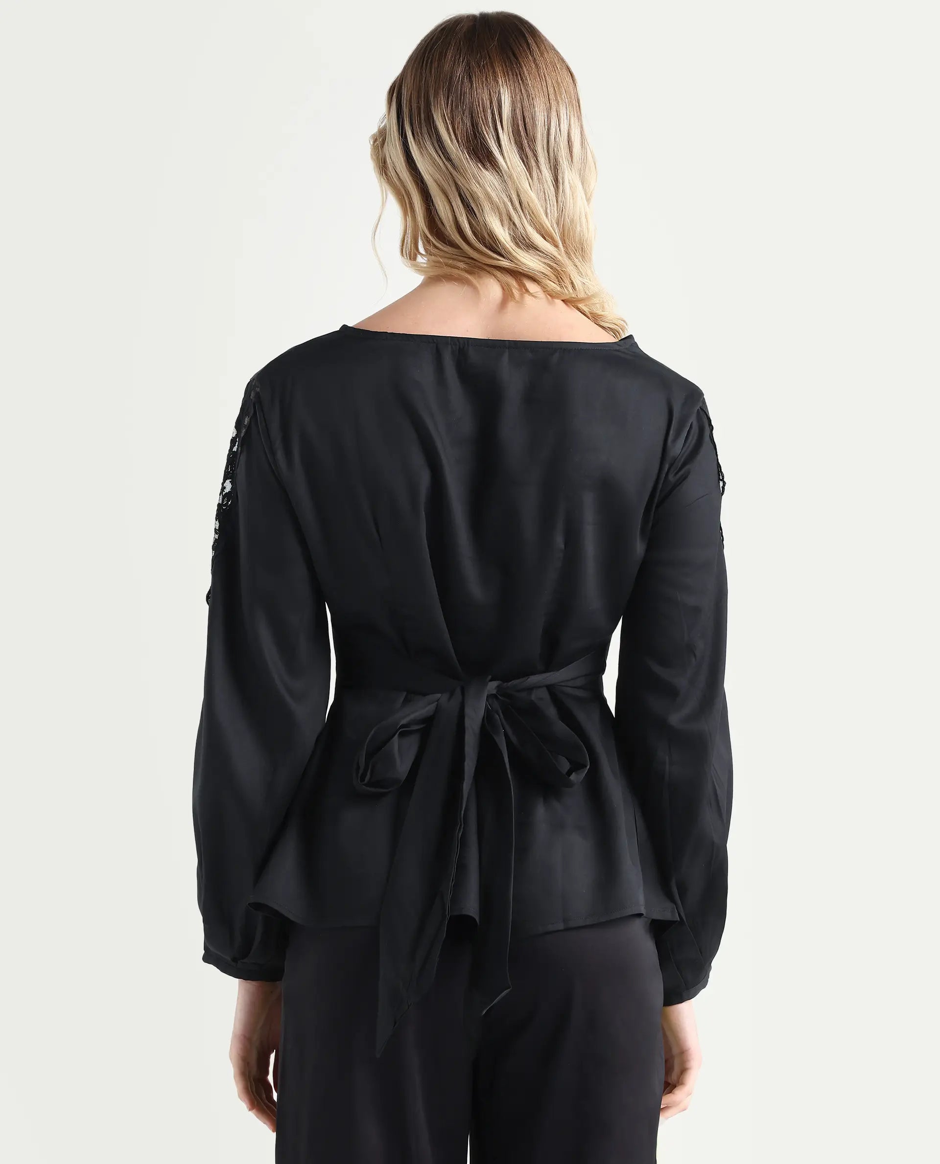 Rareism Women's Rolina Black Cotton Boat Neck Plain Balloon Sleeve Regular Fit Top