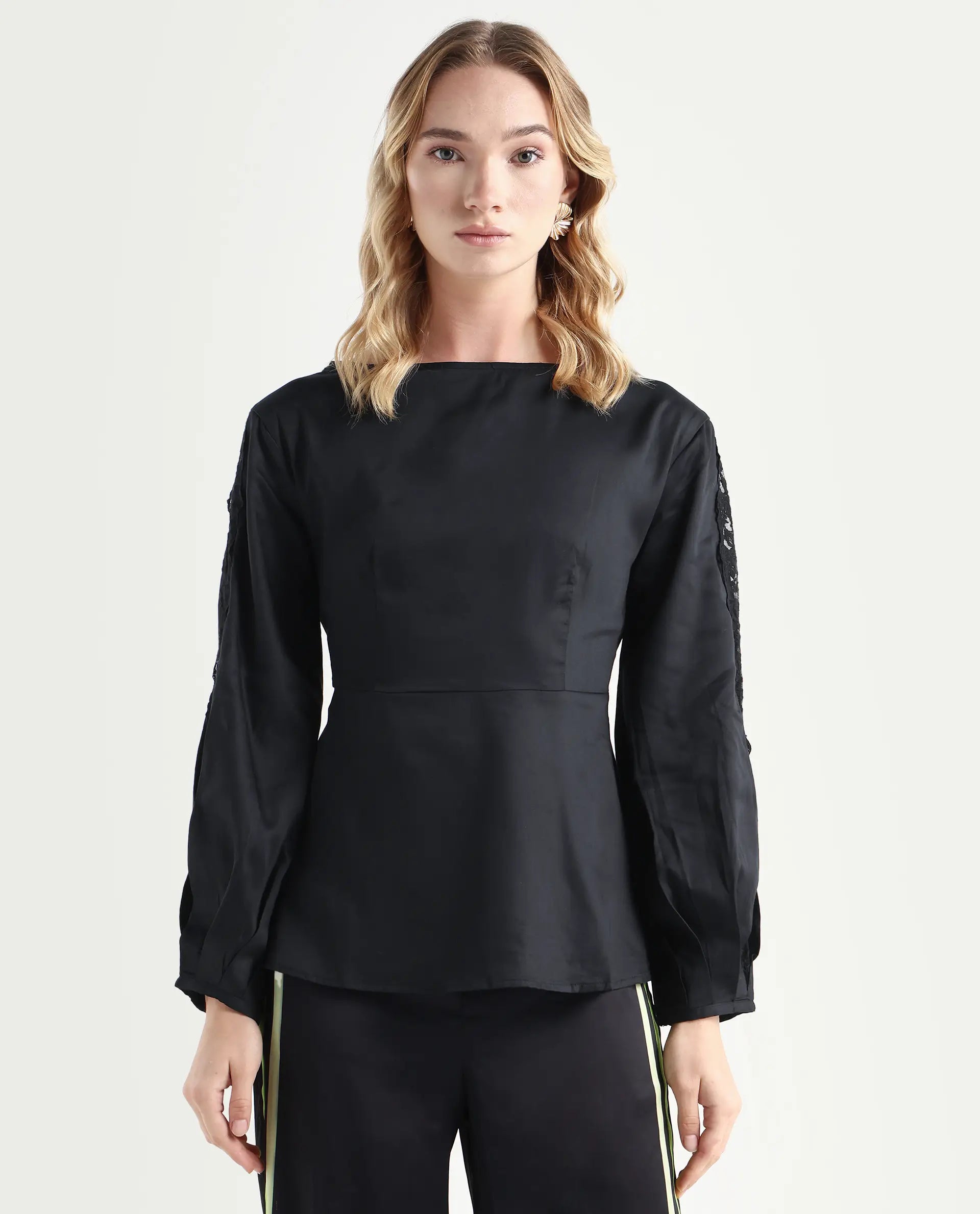Rareism Women's Rolina Black Cotton Boat Neck Plain Balloon Sleeve Regular Fit Top