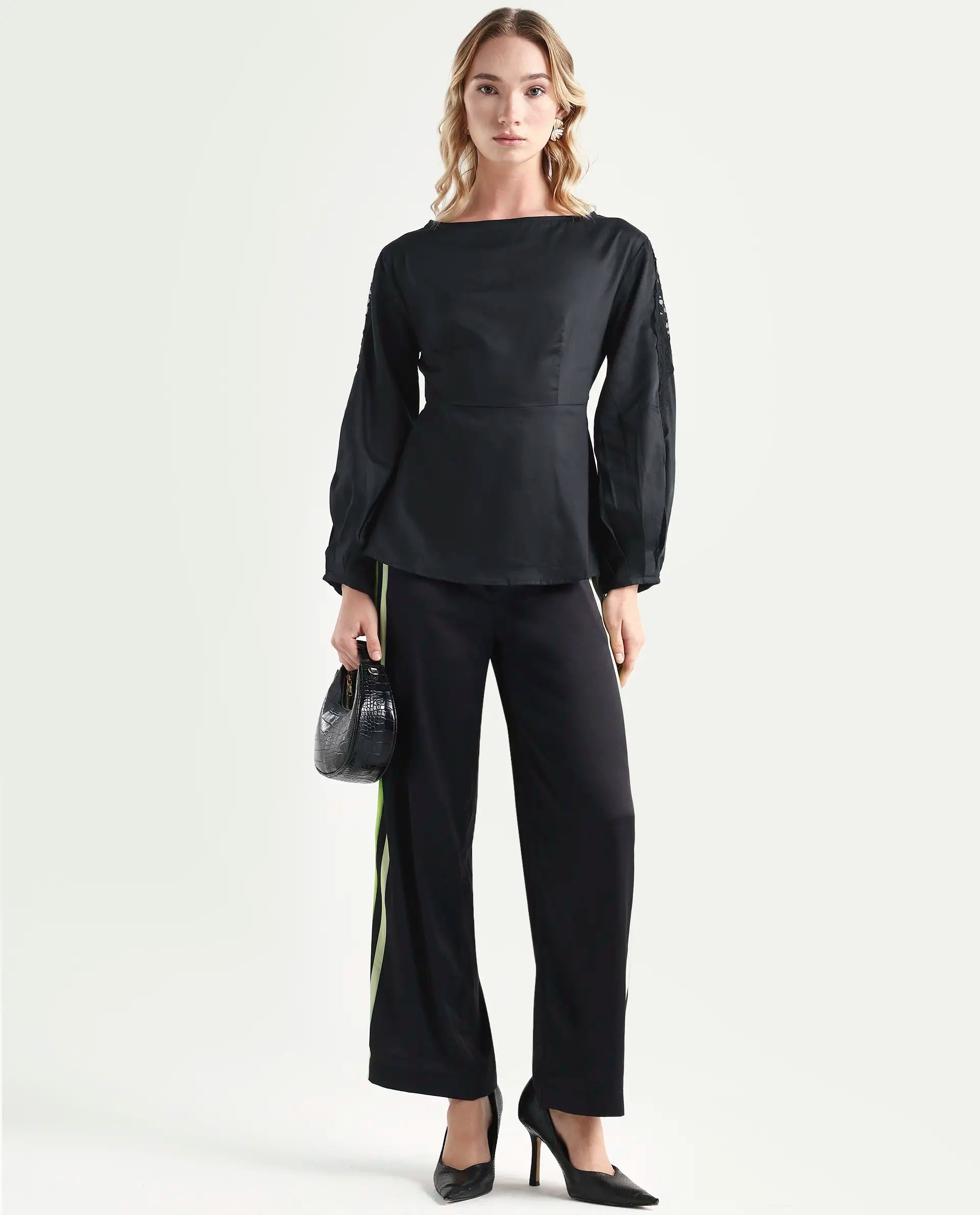 Rareism Women's Rolina Black Cotton Boat Neck Plain Balloon Sleeve Regular Fit Top