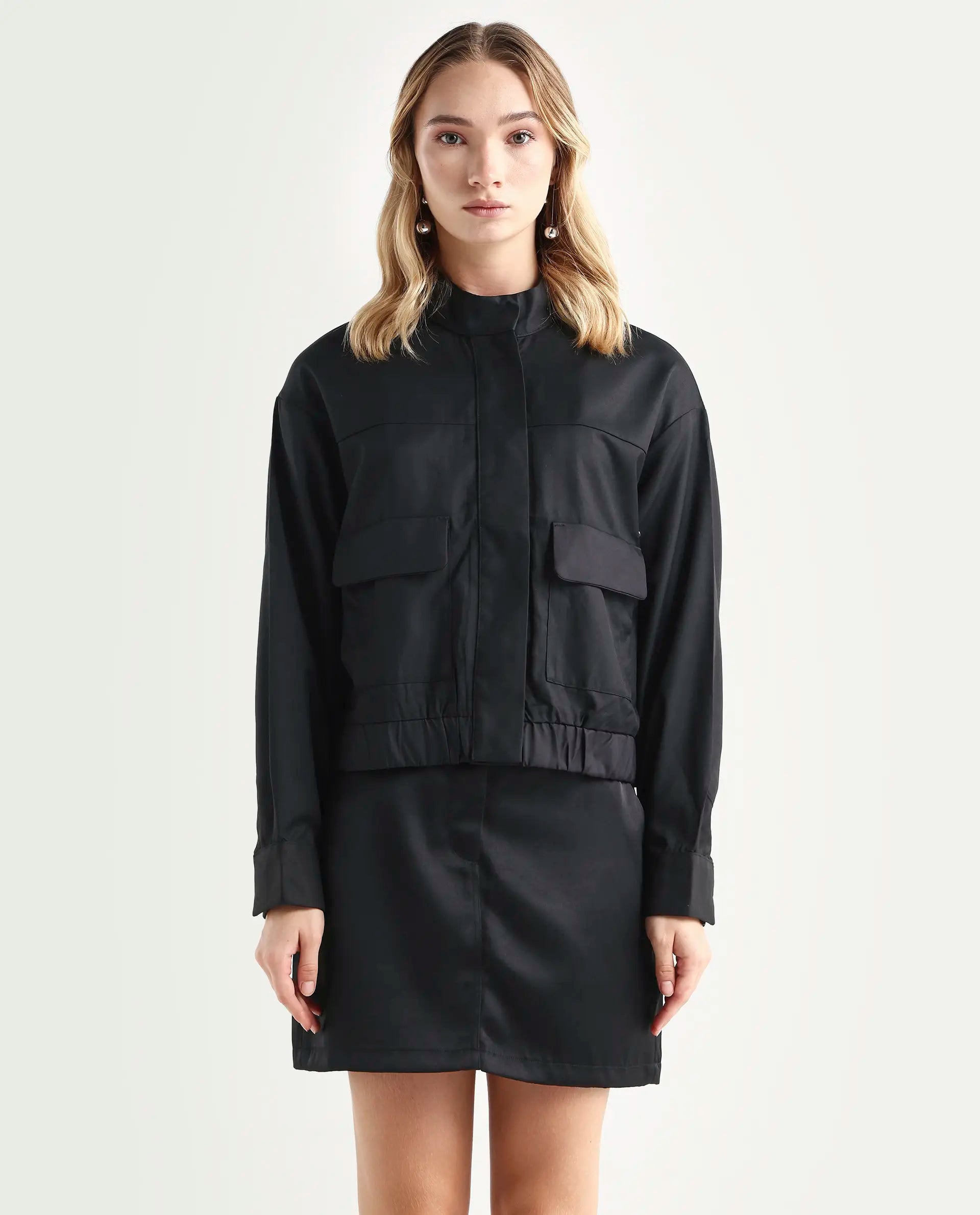 Rareism Women's Ruks Black Polyester High Neck Plain Regular Fit Jacket