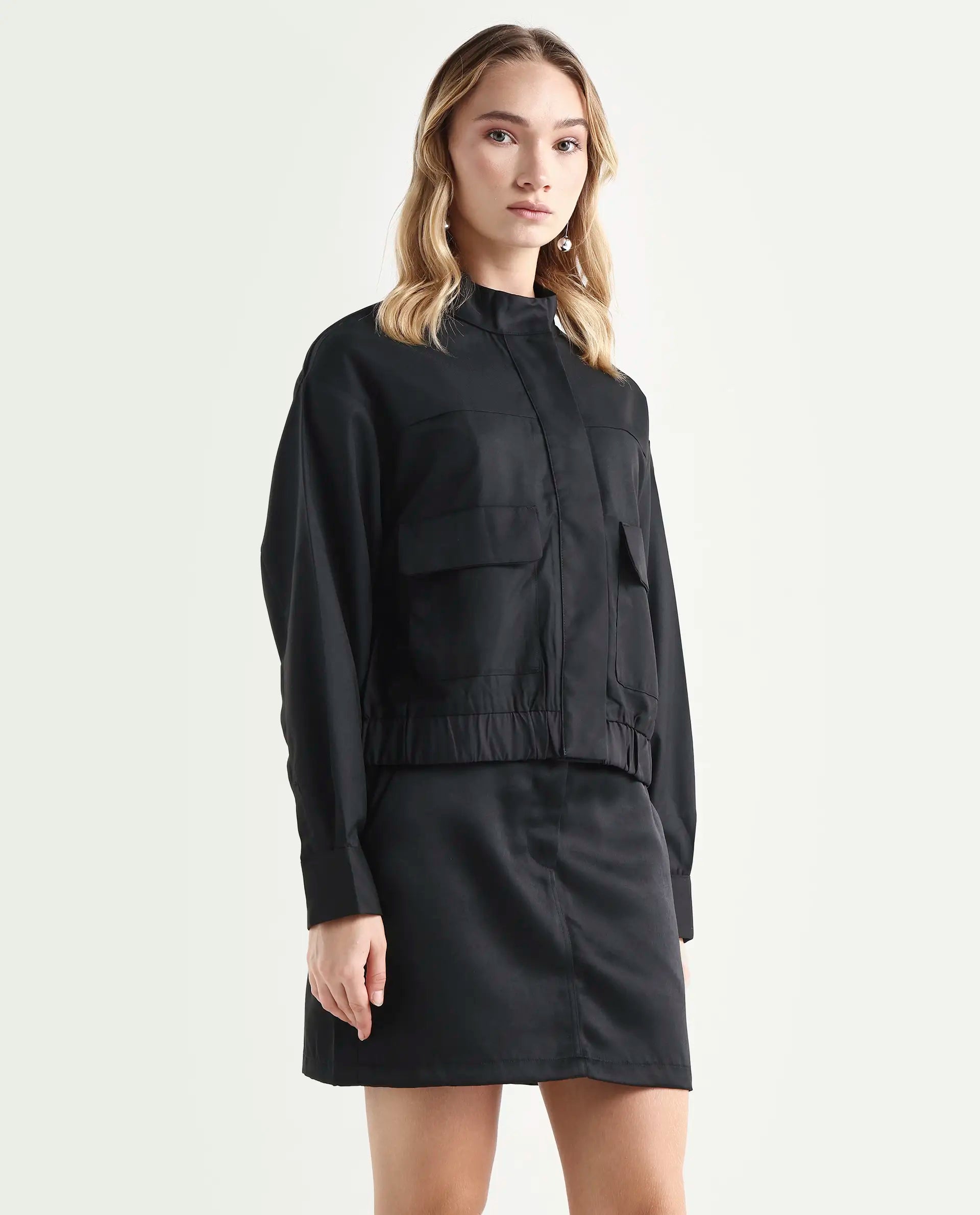 Rareism Women's Ruks Black Polyester High Neck Plain Regular Fit Jacket