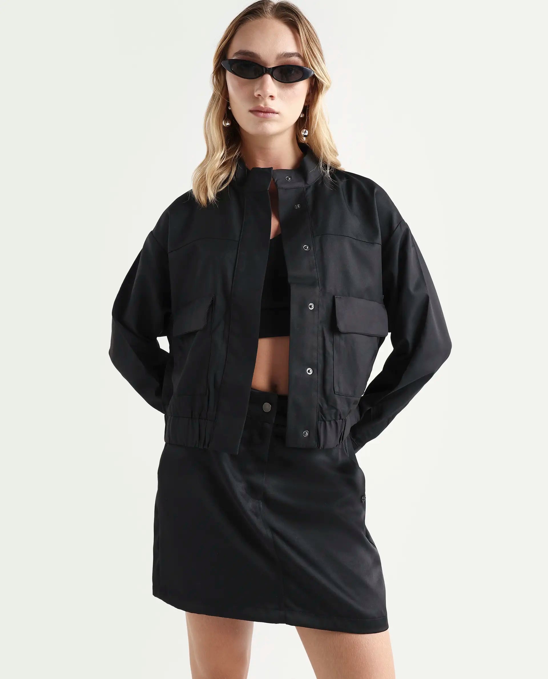 Rareism Women's Ruks Black Polyester High Neck Plain Regular Fit Jacket
