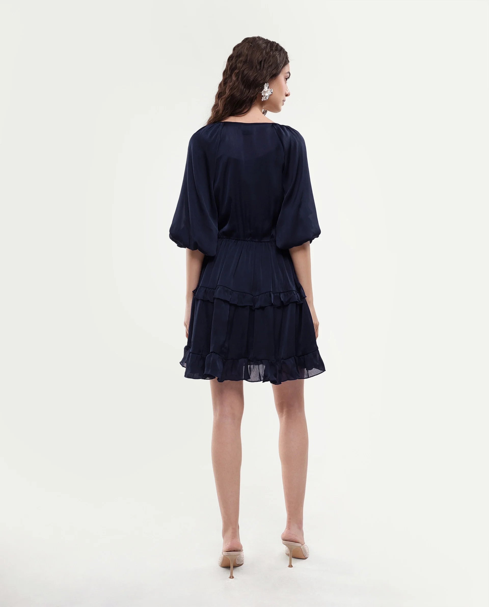 Rareism Women's Zekeje Blue Polyester Tie-Up Neck Plain Raglan Sleeve Mini Regular Fit Dress