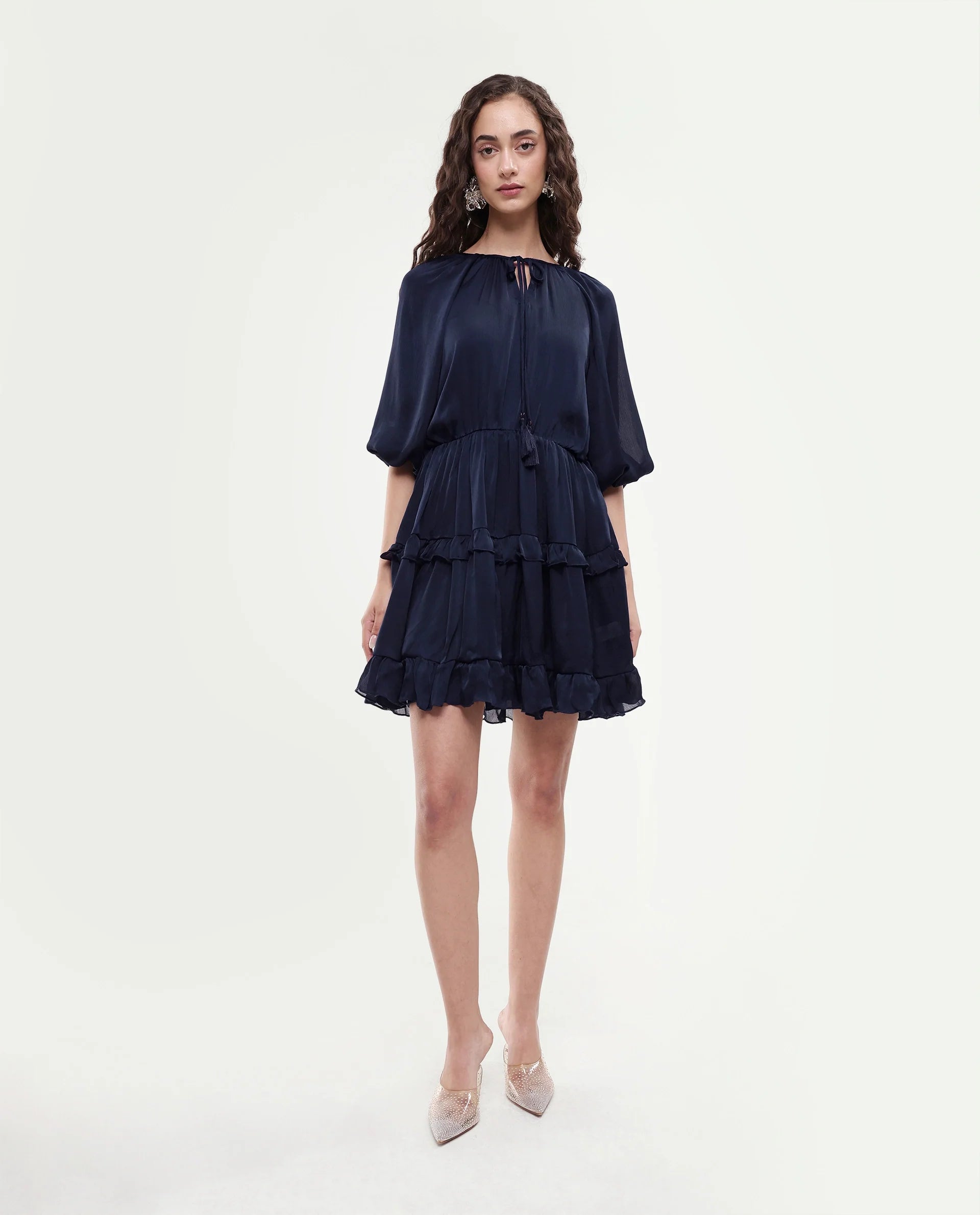 Rareism Women's Zekeje Blue Polyester Tie-Up Neck Plain Raglan Sleeve Mini Regular Fit Dress