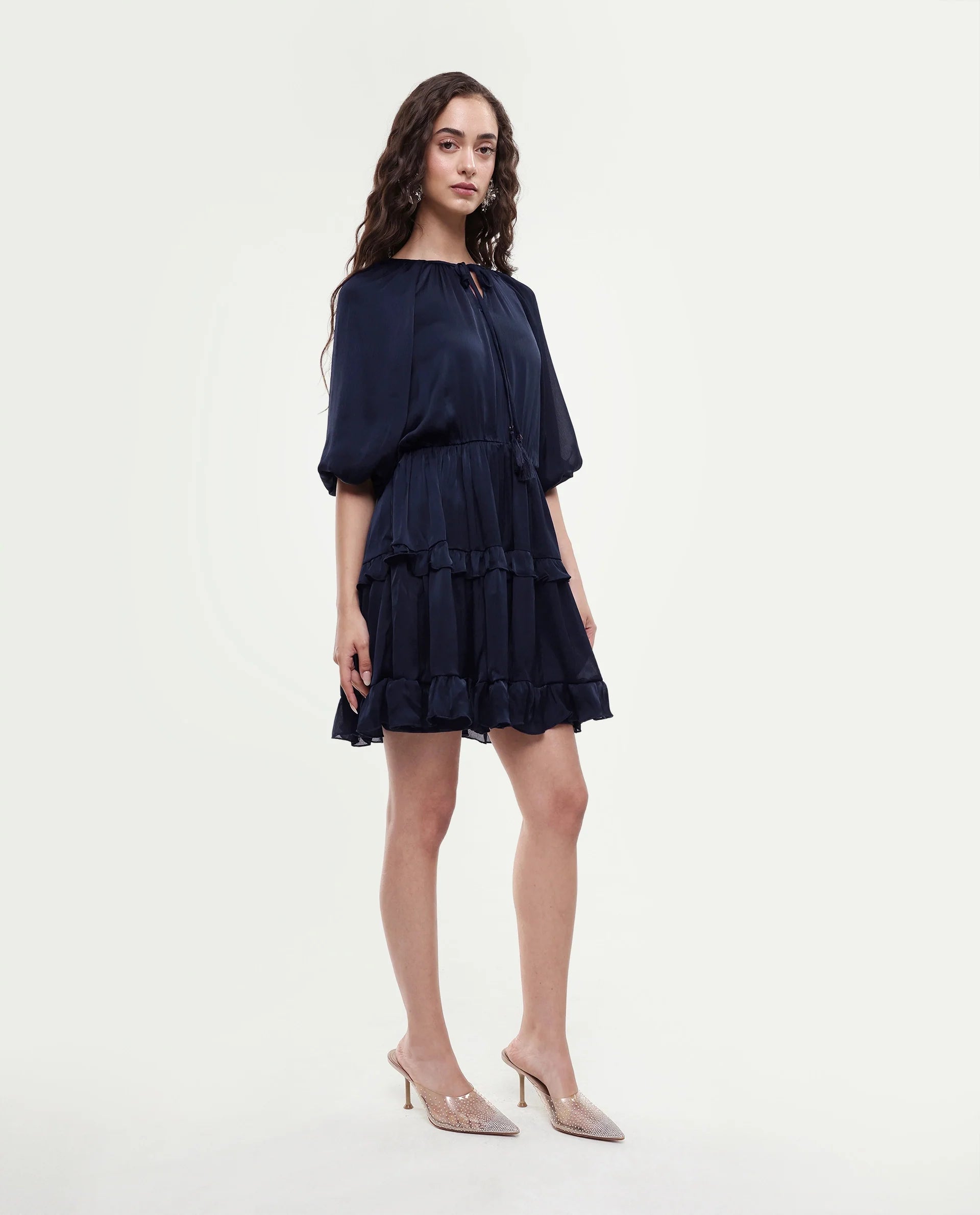 Rareism Women's Zekeje Blue Polyester Tie-Up Neck Plain Raglan Sleeve Mini Regular Fit Dress