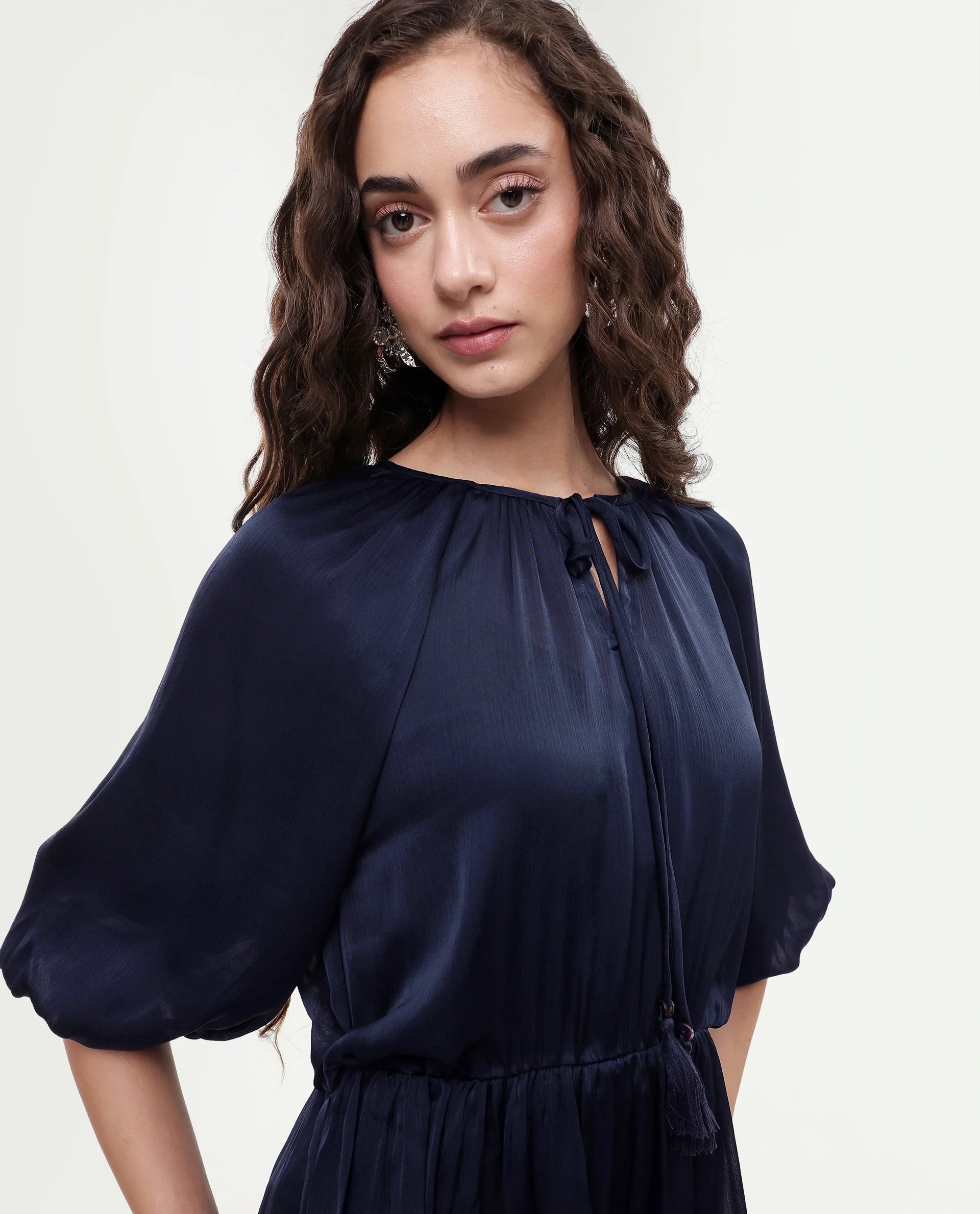 Rareism Women's Zekeje Blue Polyester Tie-Up Neck Plain Raglan Sleeve Mini Regular Fit Dress