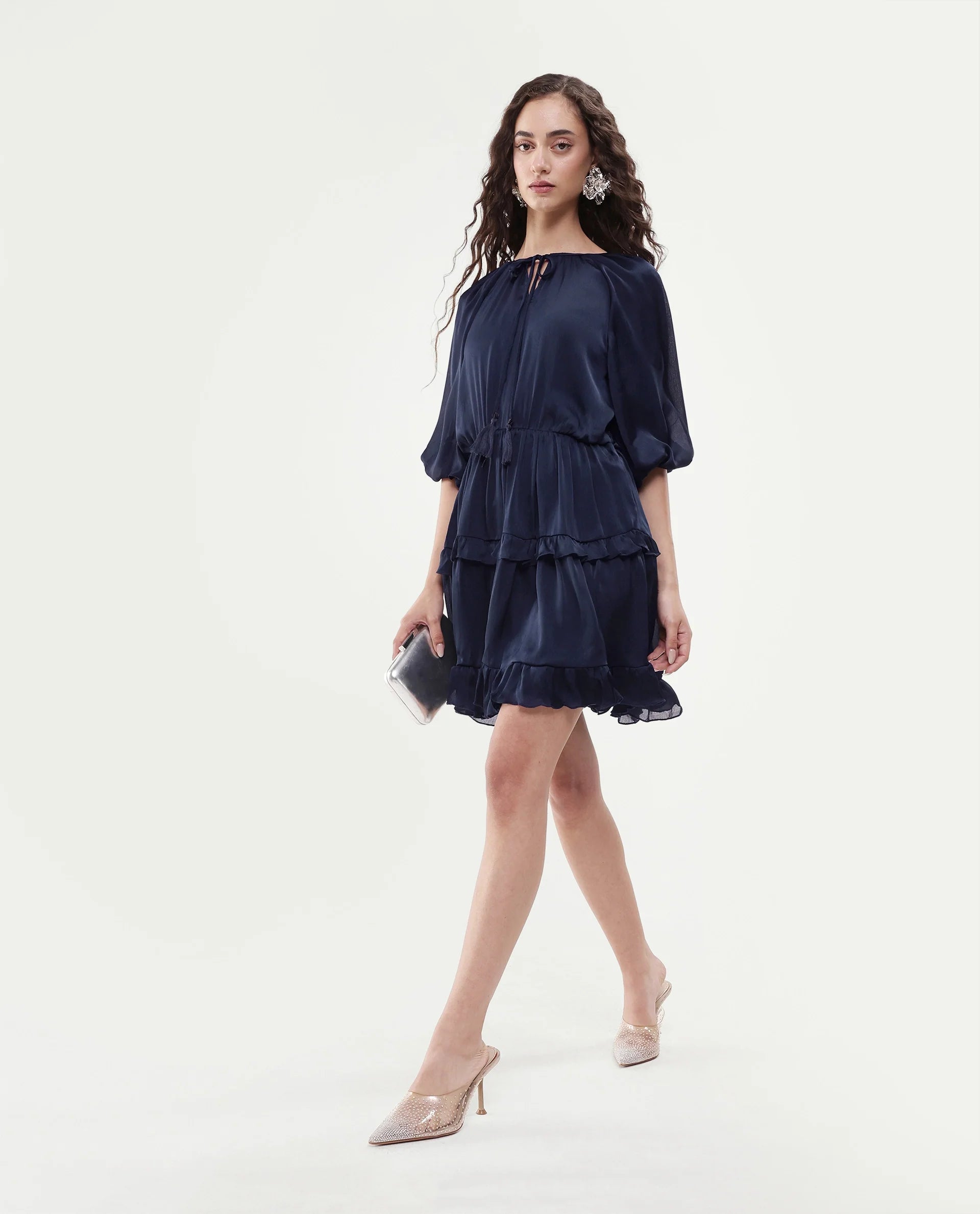 Rareism Women's Zekeje Blue Polyester Tie-Up Neck Plain Raglan Sleeve Mini Regular Fit Dress