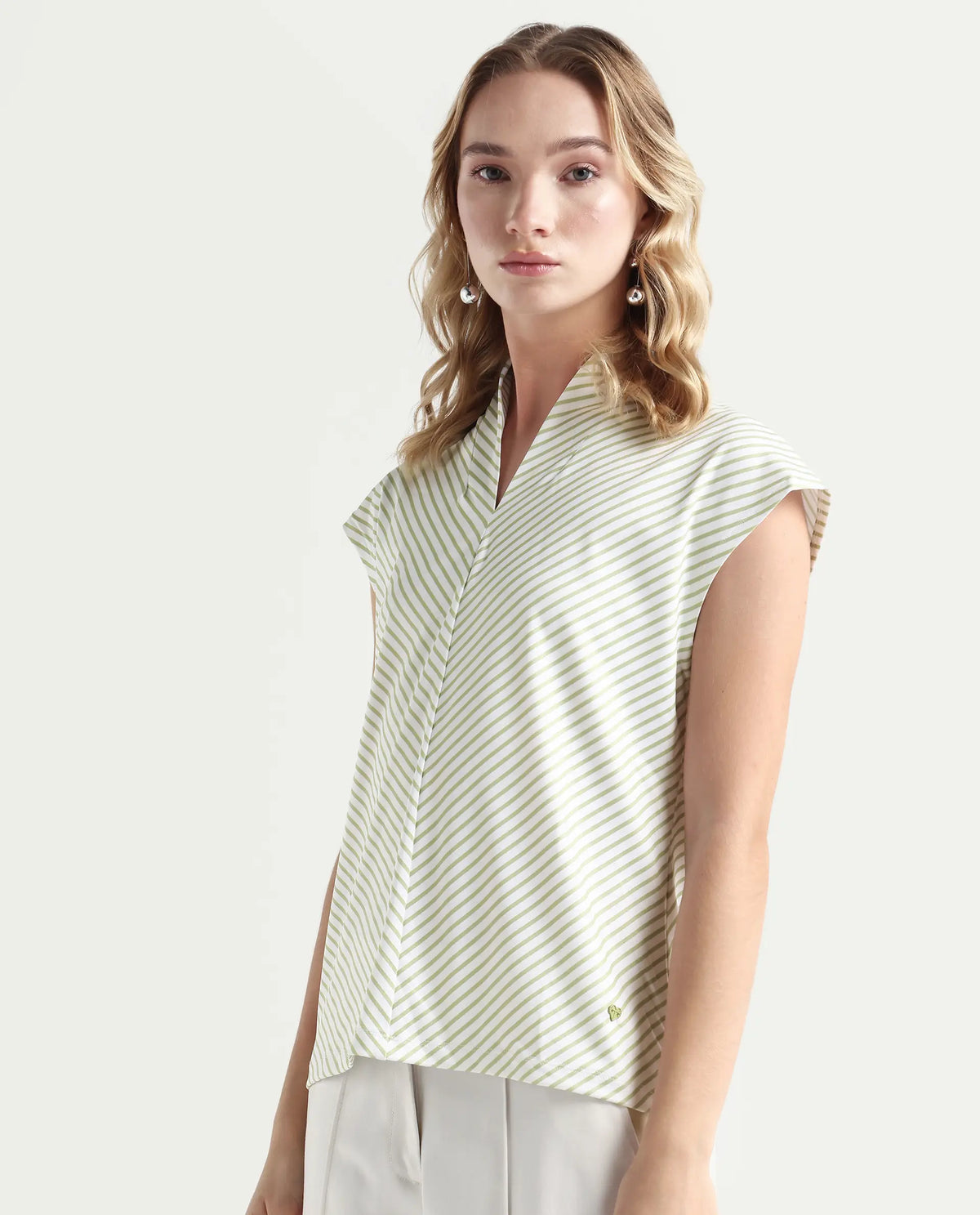 Rareism Women's Deon Green Polyester V-Neck Striped Sleeveless Regular Fit Top