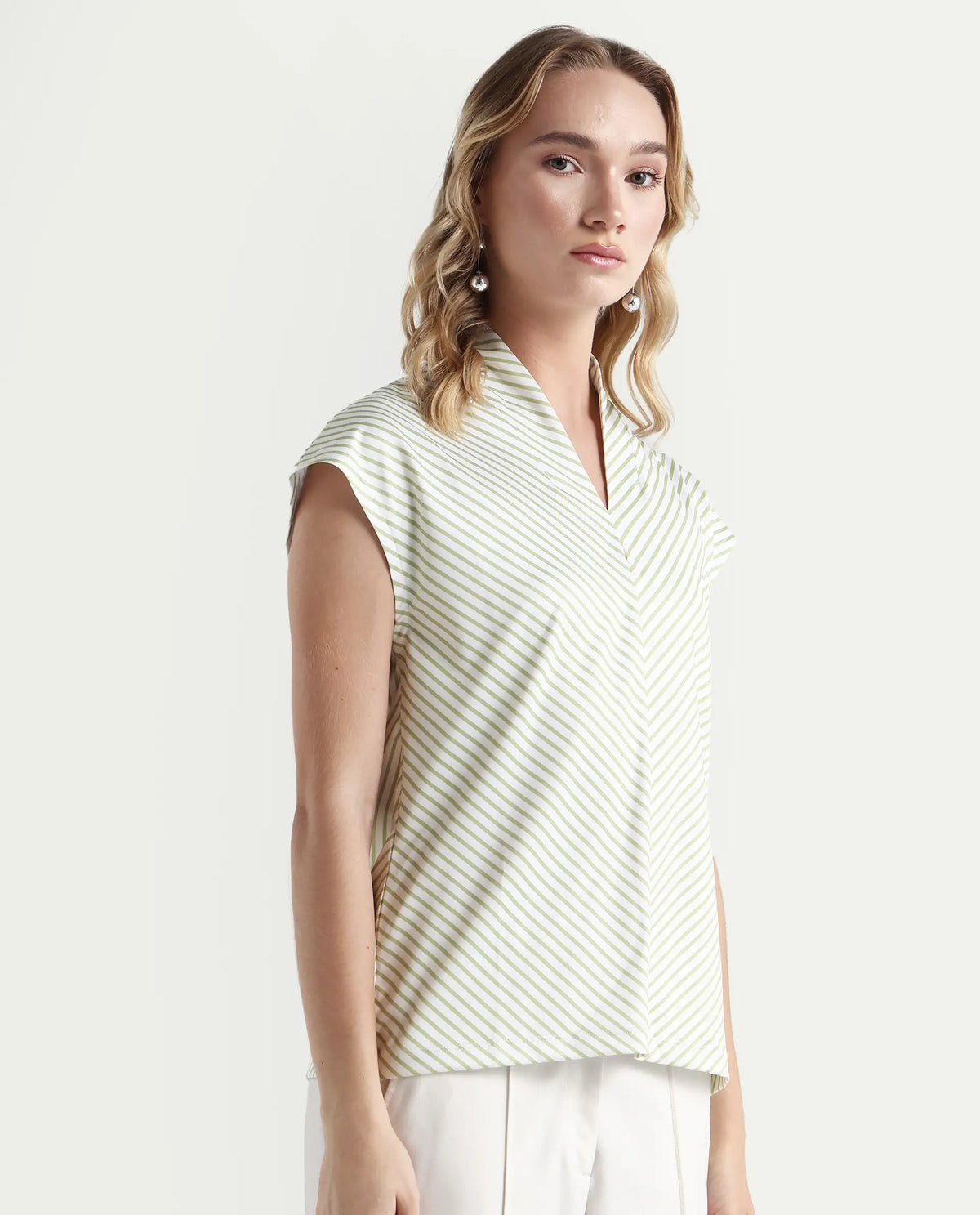 Rareism Women's Deon Green Polyester V-Neck Striped Sleeveless Regular Fit Top
