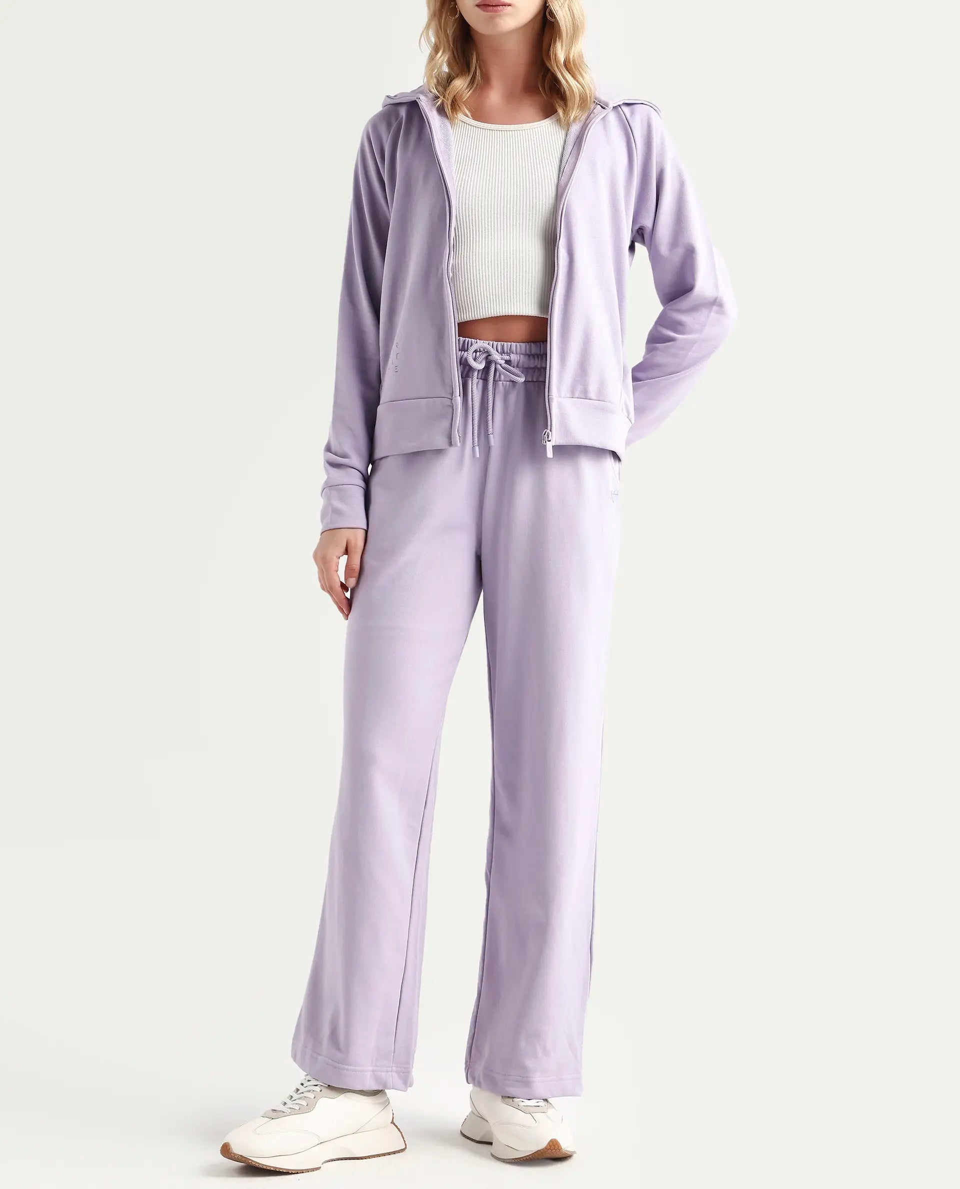 Rareism Women's Pazoo T Pastel Purple Cotton Blend Plain Ankle Length Flared Track Pant