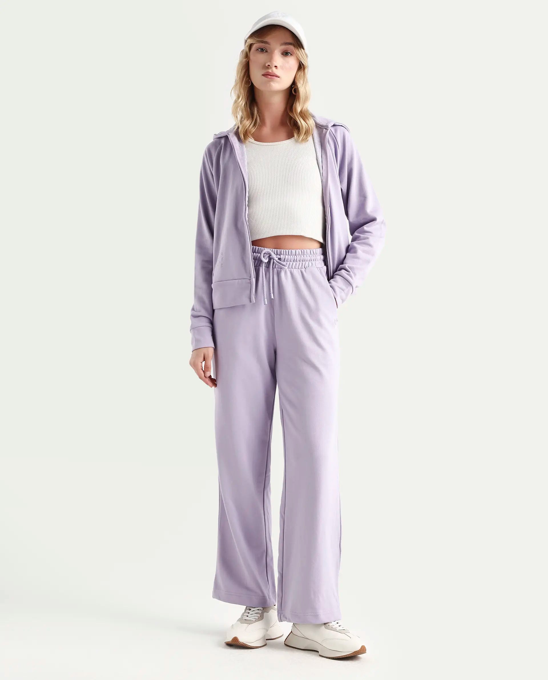 Rareism Women's Pazoo T Pastel Purple Cotton Blend Plain Ankle Length Flared Track Pant