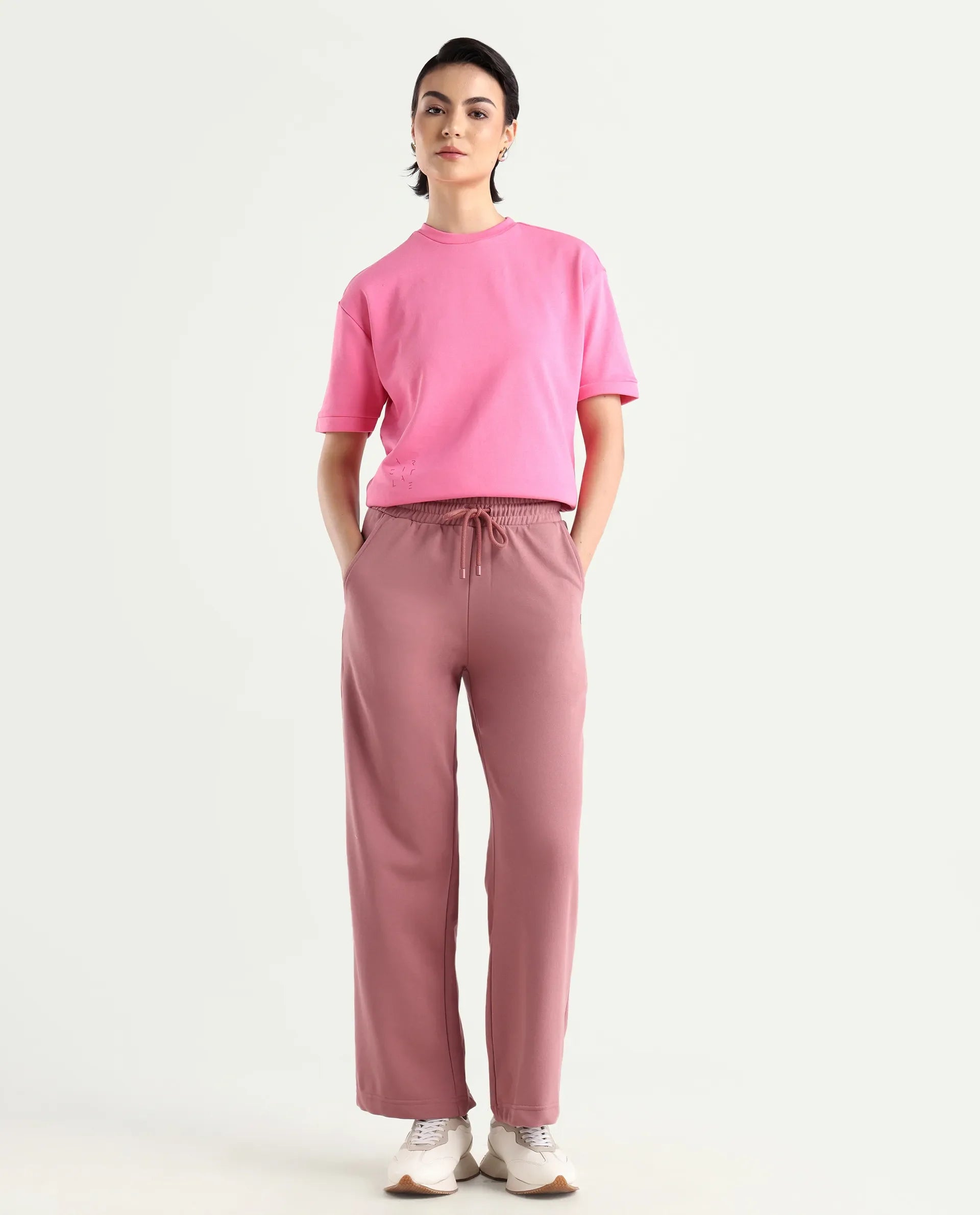 Rareism Women's Pazoo T Dusky Pink Cotton Blend Plain Ankle Length Flared Track Pant