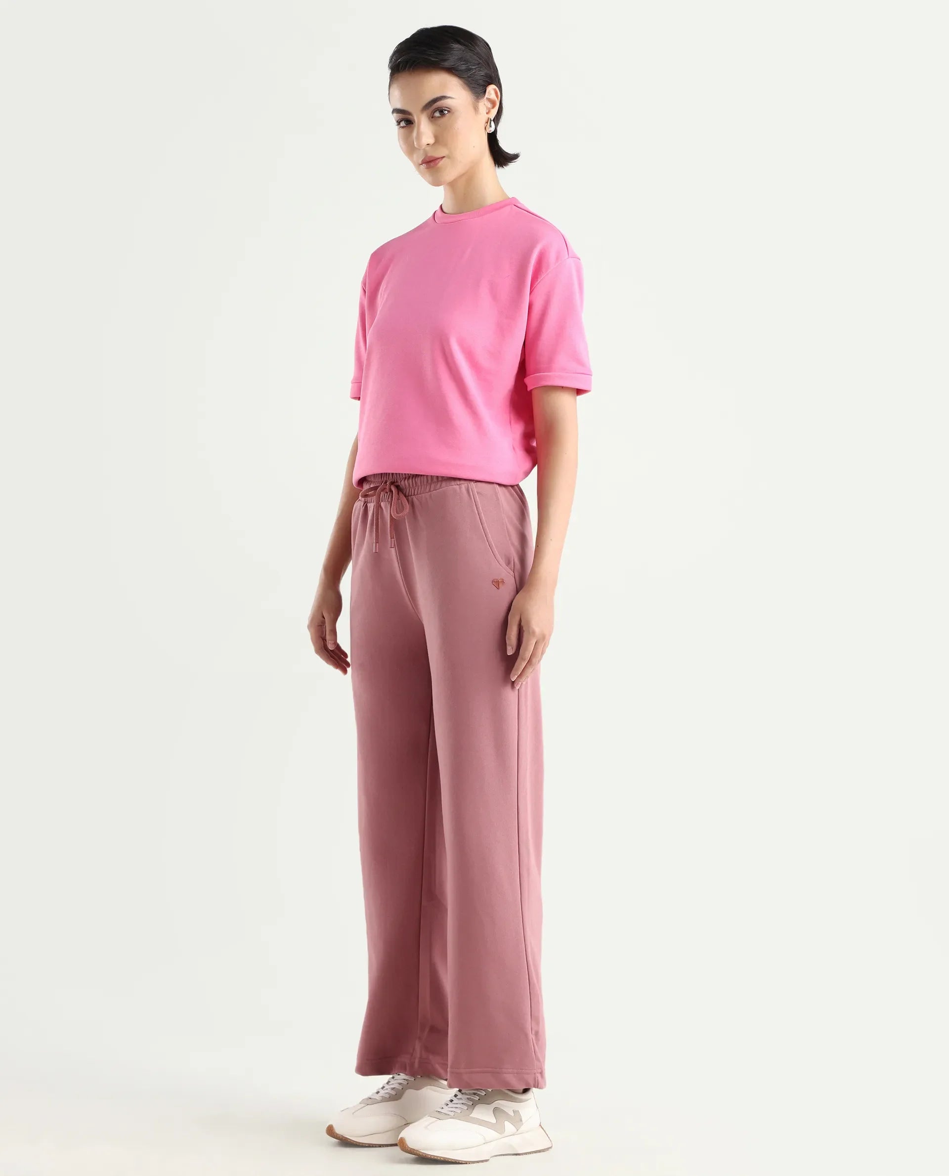 Rareism Women's Pazoo T Dusky Pink Cotton Blend Plain Ankle Length Flared Track Pant
