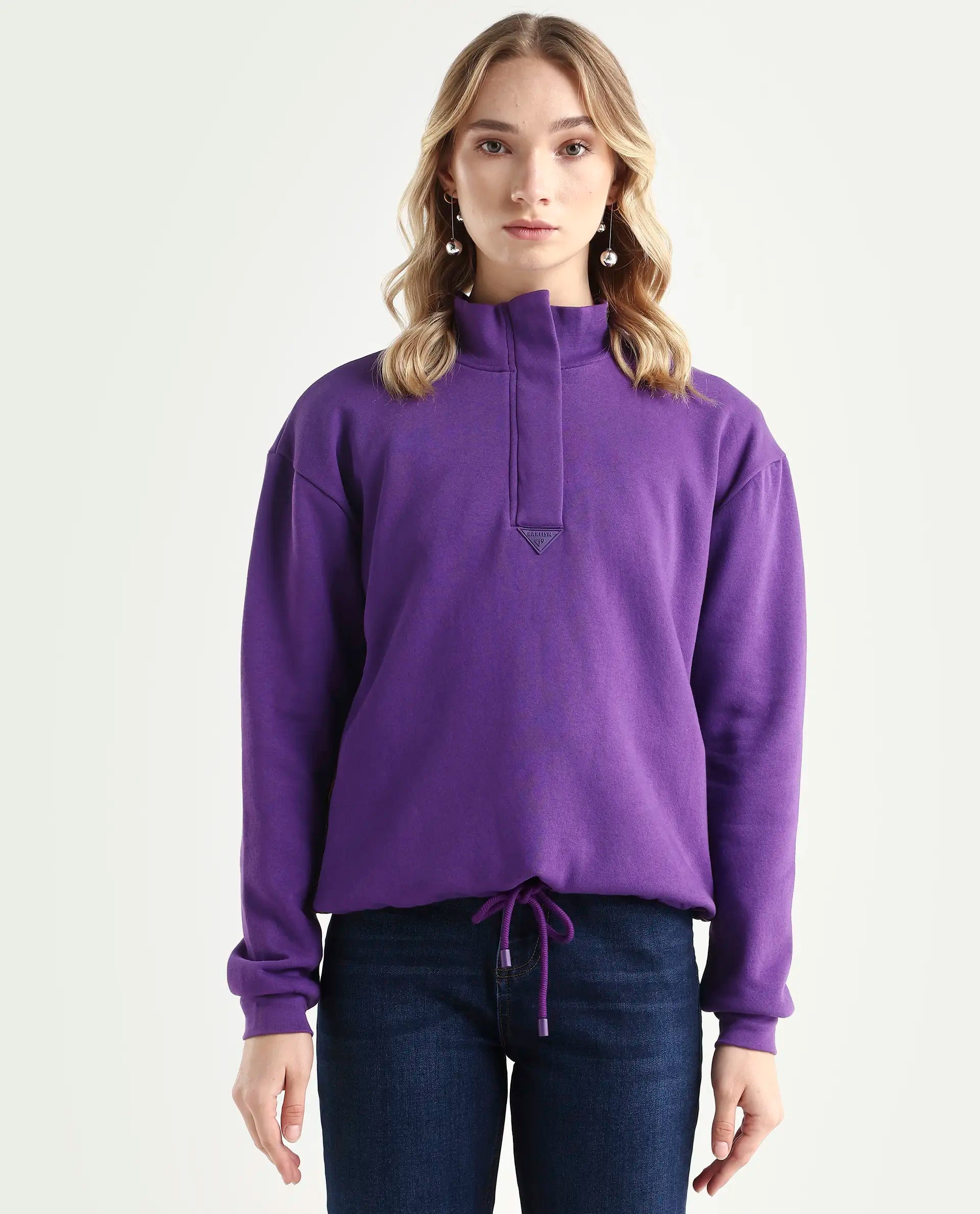 Rareism Women's Aldrichh Purple Polyester Blend High Neck Plain Regular Fit Sweatshirt