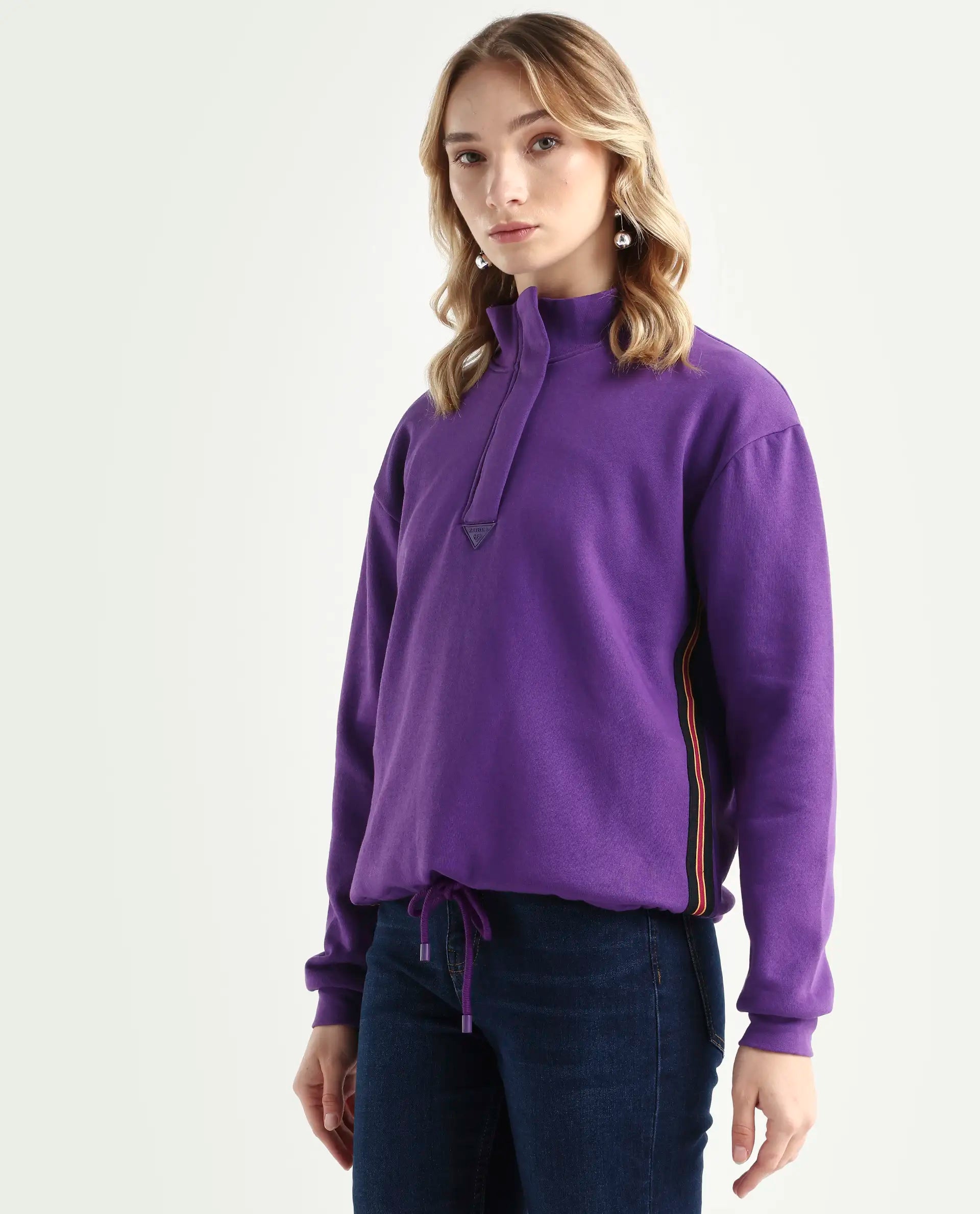 Rareism Women's Aldrichh Purple Polyester Blend High Neck Plain Regular Fit Sweatshirt