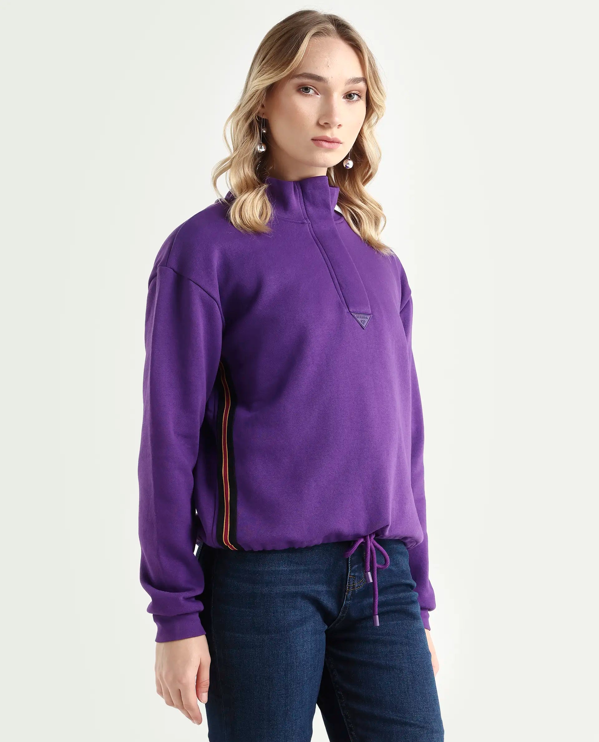 Rareism Women's Aldrichh Purple Polyester Blend High Neck Plain Regular Fit Sweatshirt