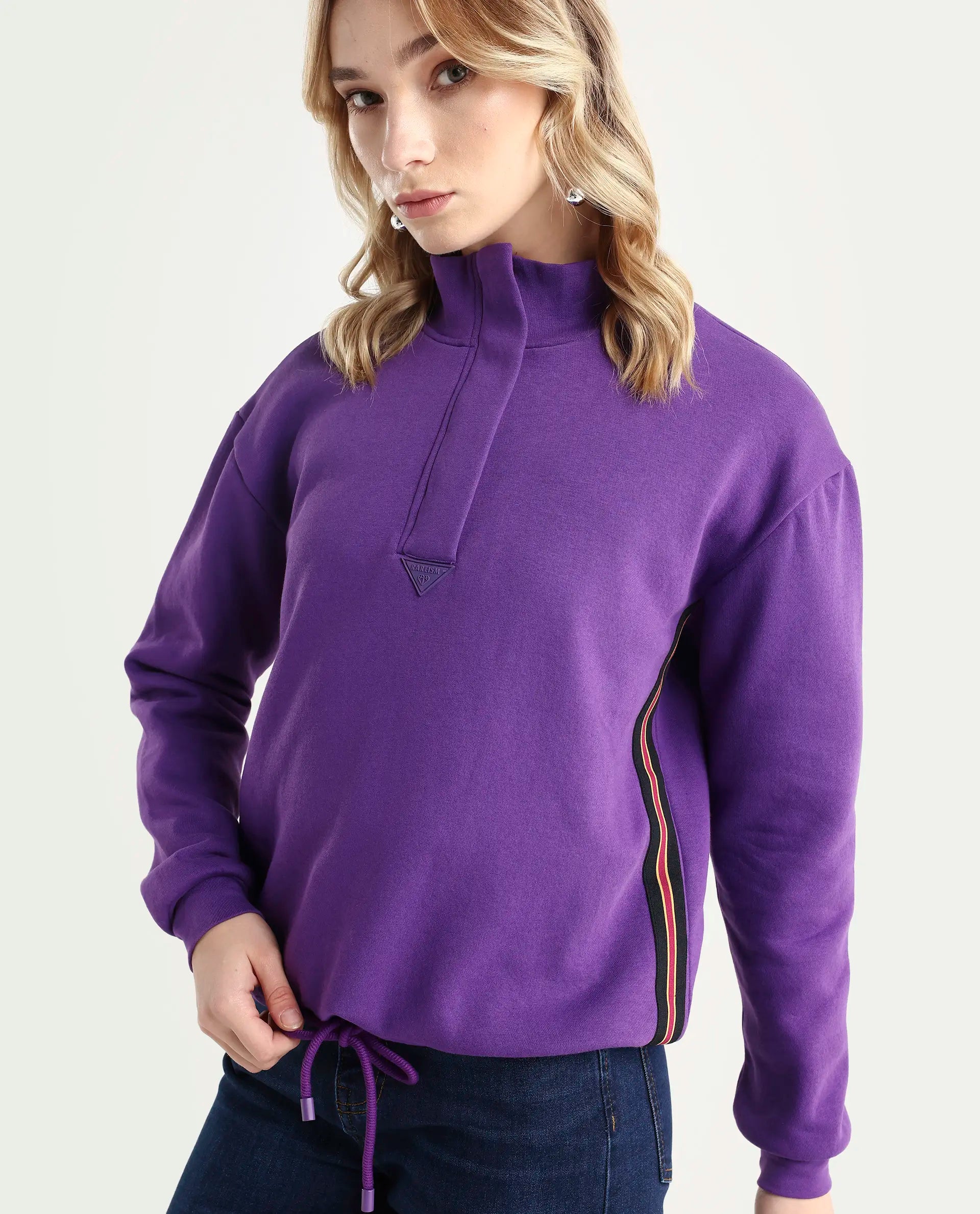 Rareism Women's Aldrichh Purple Polyester Blend High Neck Plain Regular Fit Sweatshirt