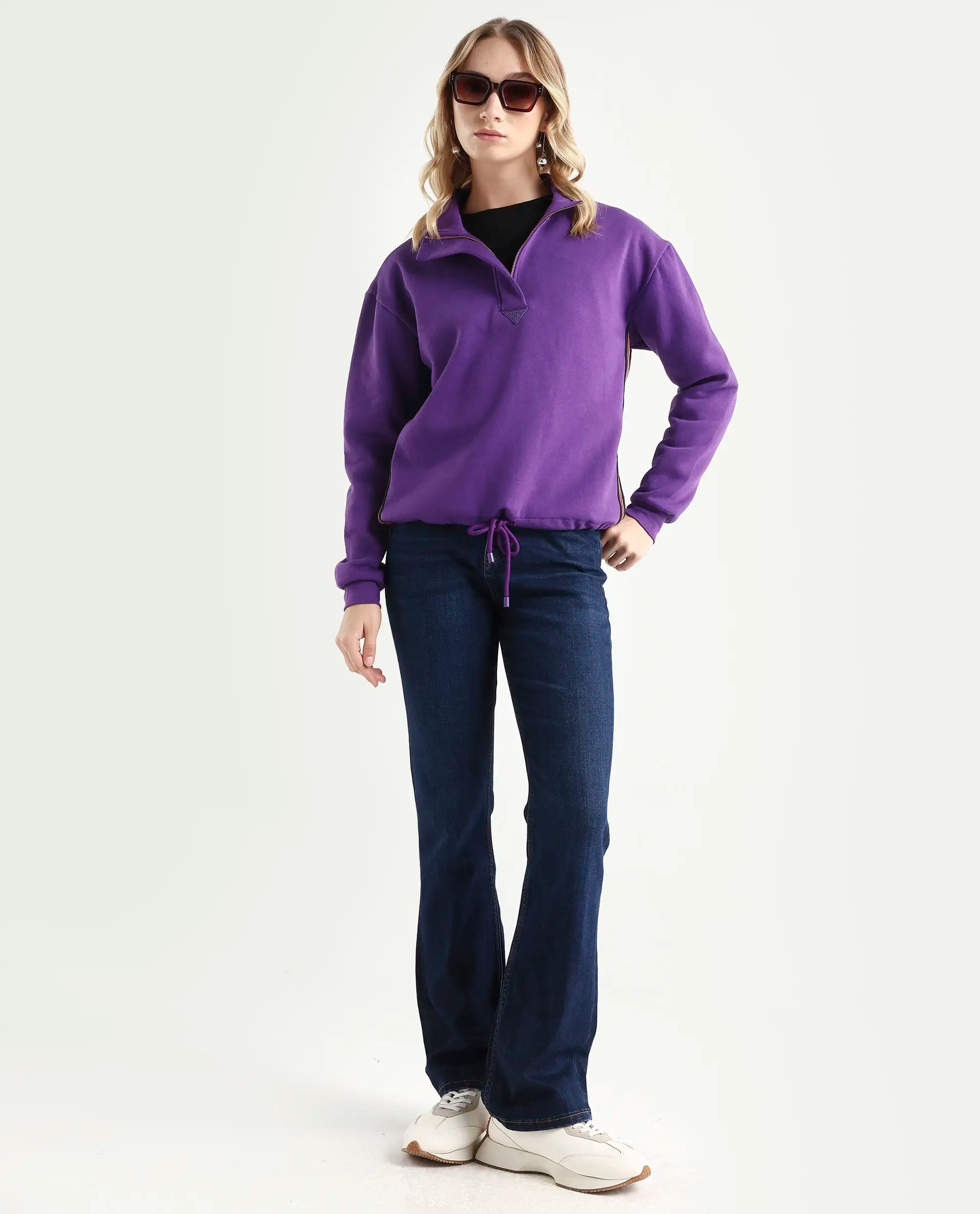Rareism Women's Aldrichh Purple Polyester Blend High Neck Plain Regular Fit Sweatshirt