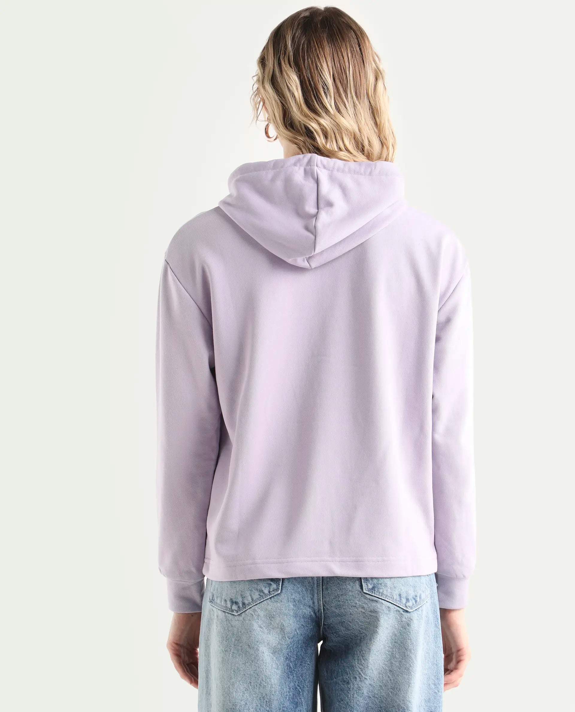 Rareism Women's Blacher Pastel Purple Polyester Blend Hooded Graphic Print Regular Fit Sweatshirt