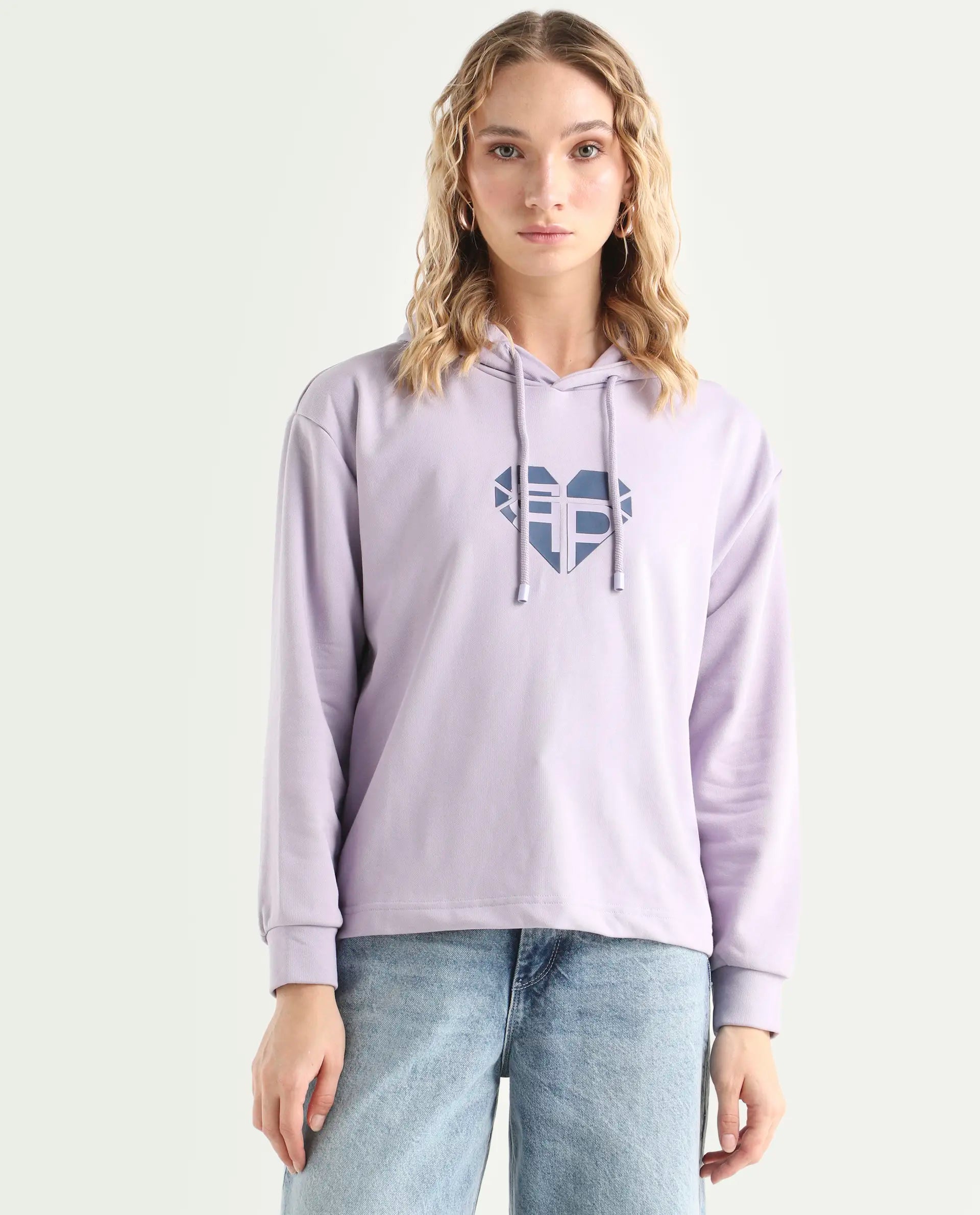 Rareism Women's Blacher Pastel Purple Polyester Blend Hooded Graphic Print Regular Fit Sweatshirt