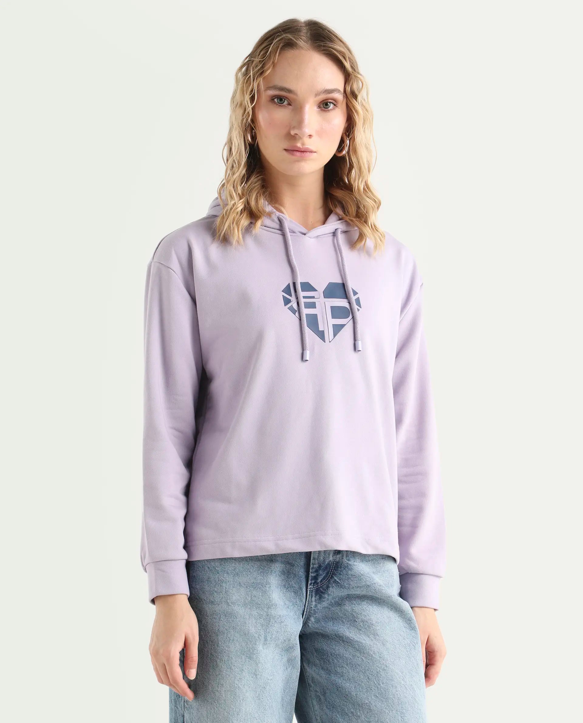 Rareism Women's Blacher Pastel Purple Polyester Blend Hooded Graphic Print Regular Fit Sweatshirt