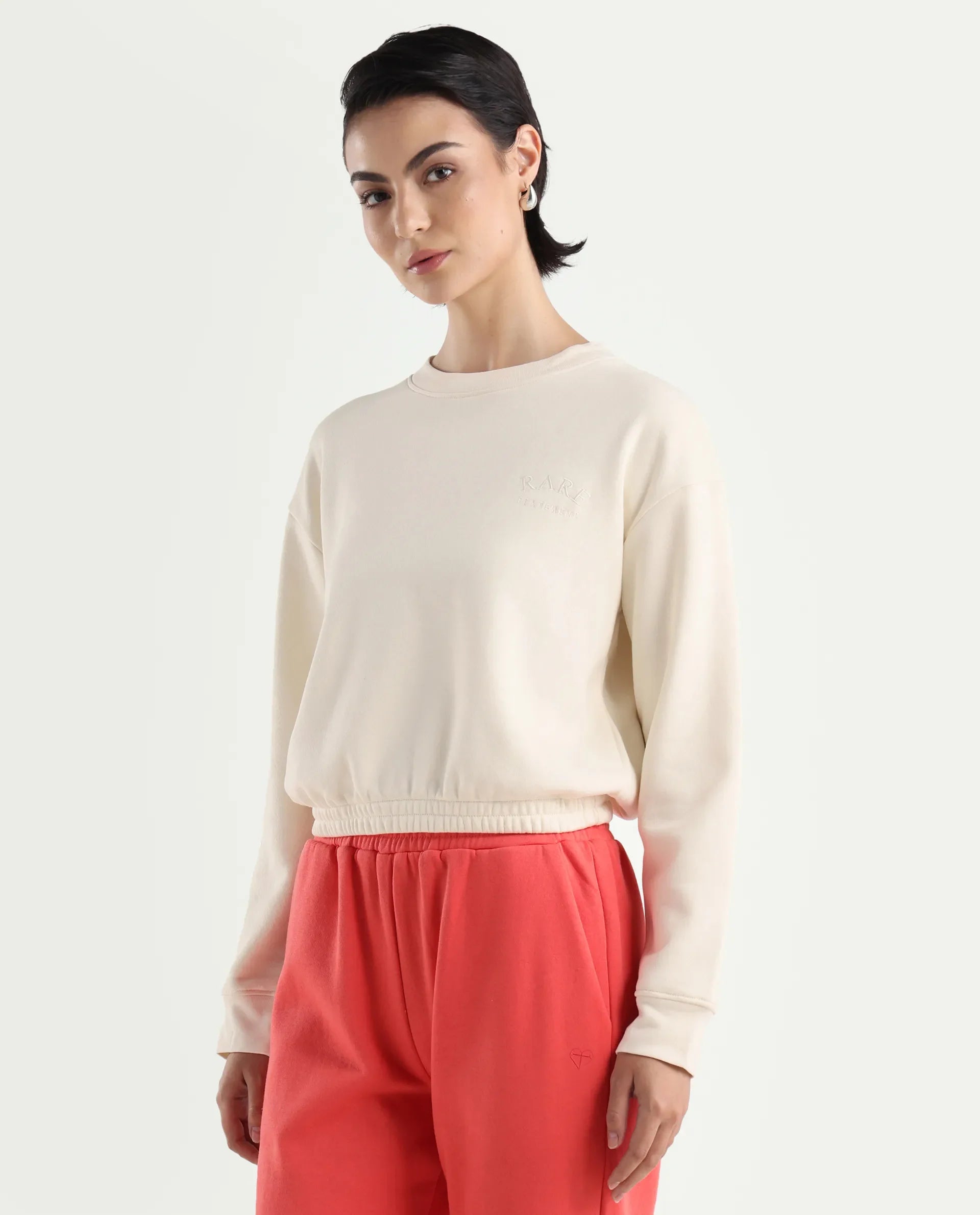 Rareism Women's Krok Beige Polyester Blend Crew Neck Embroidered Cuffed Sleeve Crop Regular Fit Sweatshirt