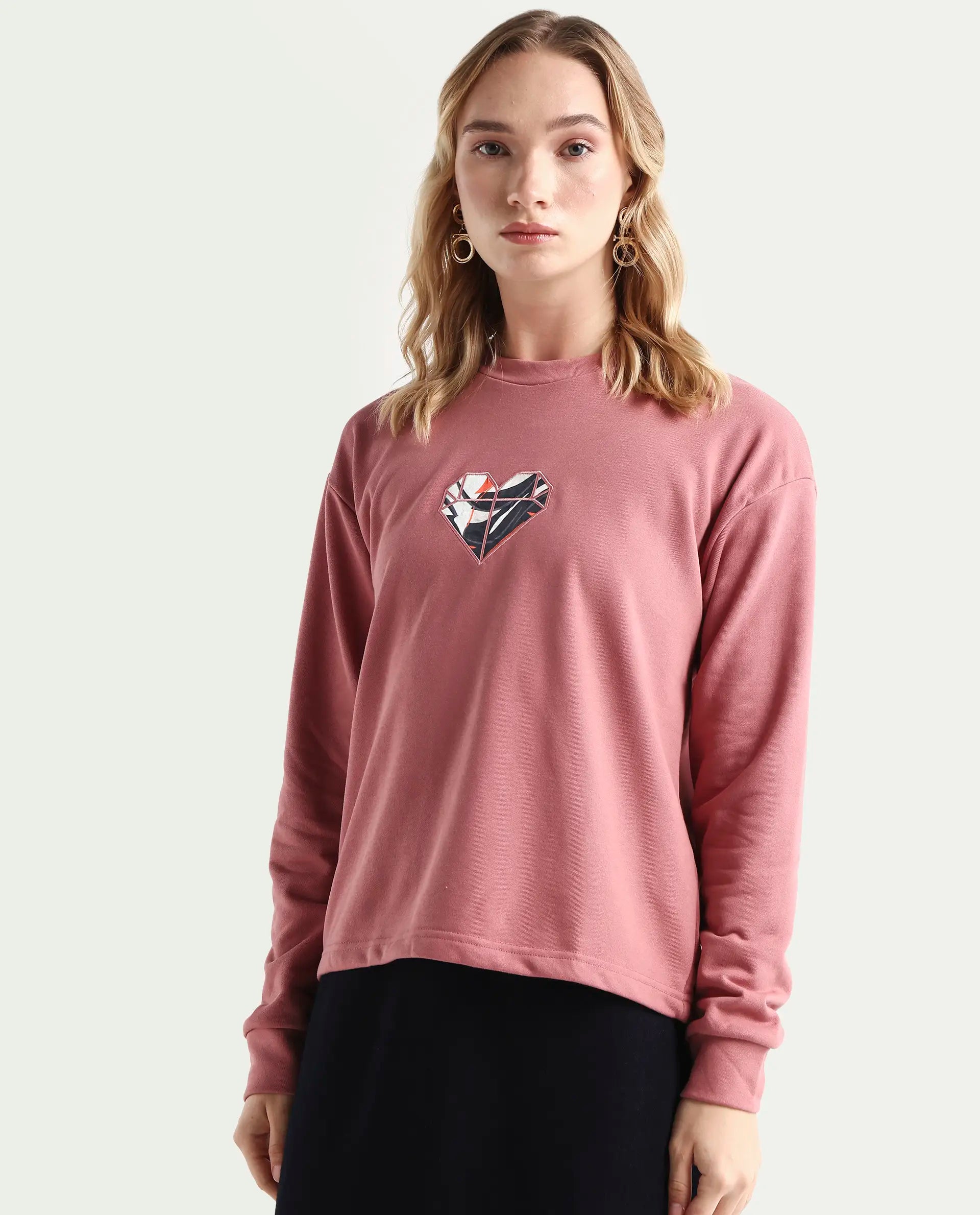 Rareism Women's Morin Dusky Pink Polyester Blend Crew Neck Graphic Print Cuffed Sleeve Regular Fit Sweatshirt