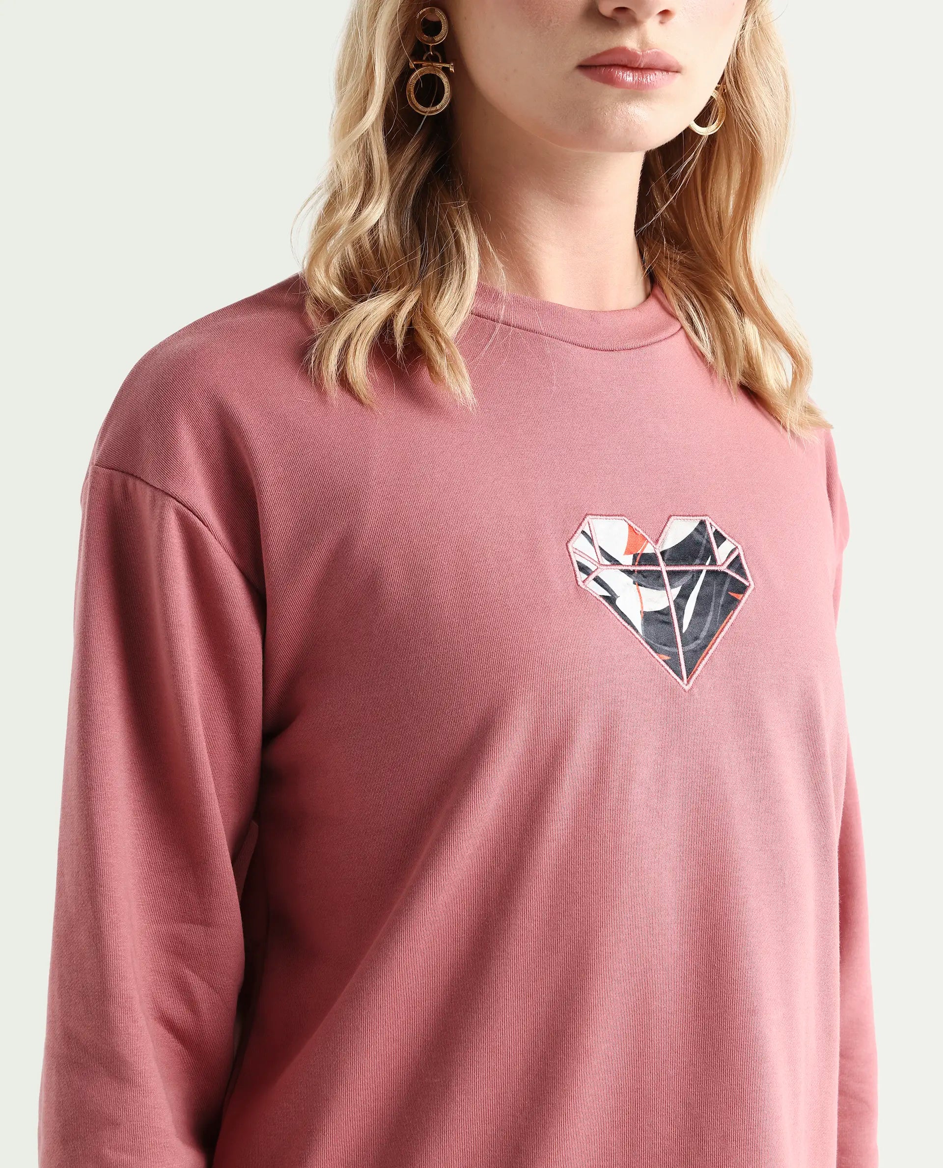 Rareism Women's Morin Dusky Pink Polyester Blend Crew Neck Graphic Print Cuffed Sleeve Regular Fit Sweatshirt