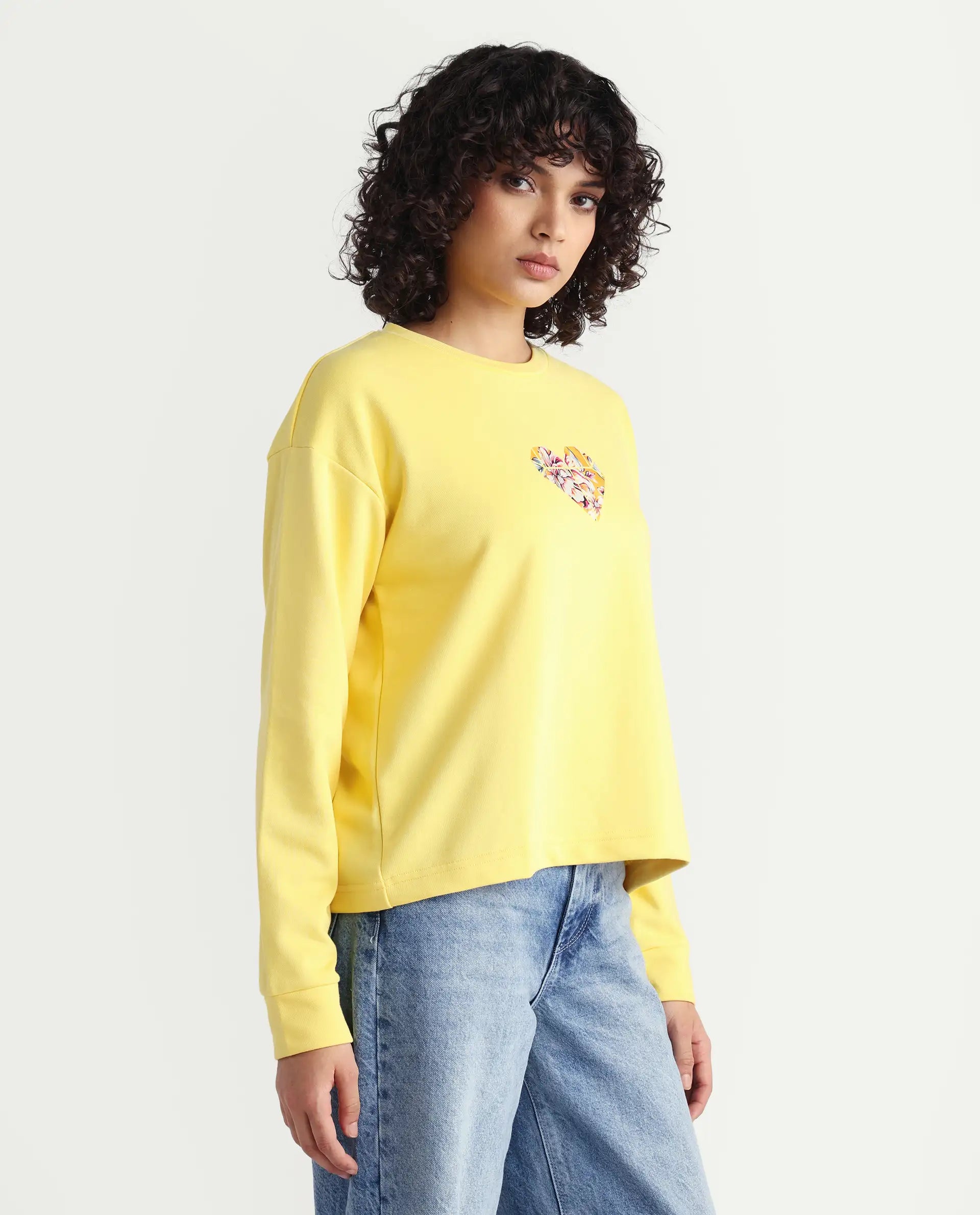 Rareism Women's Morin Yellow Cotton Crew Neck Graphic Print Cuffed Sleeve Regular Fit Sweatshirt
