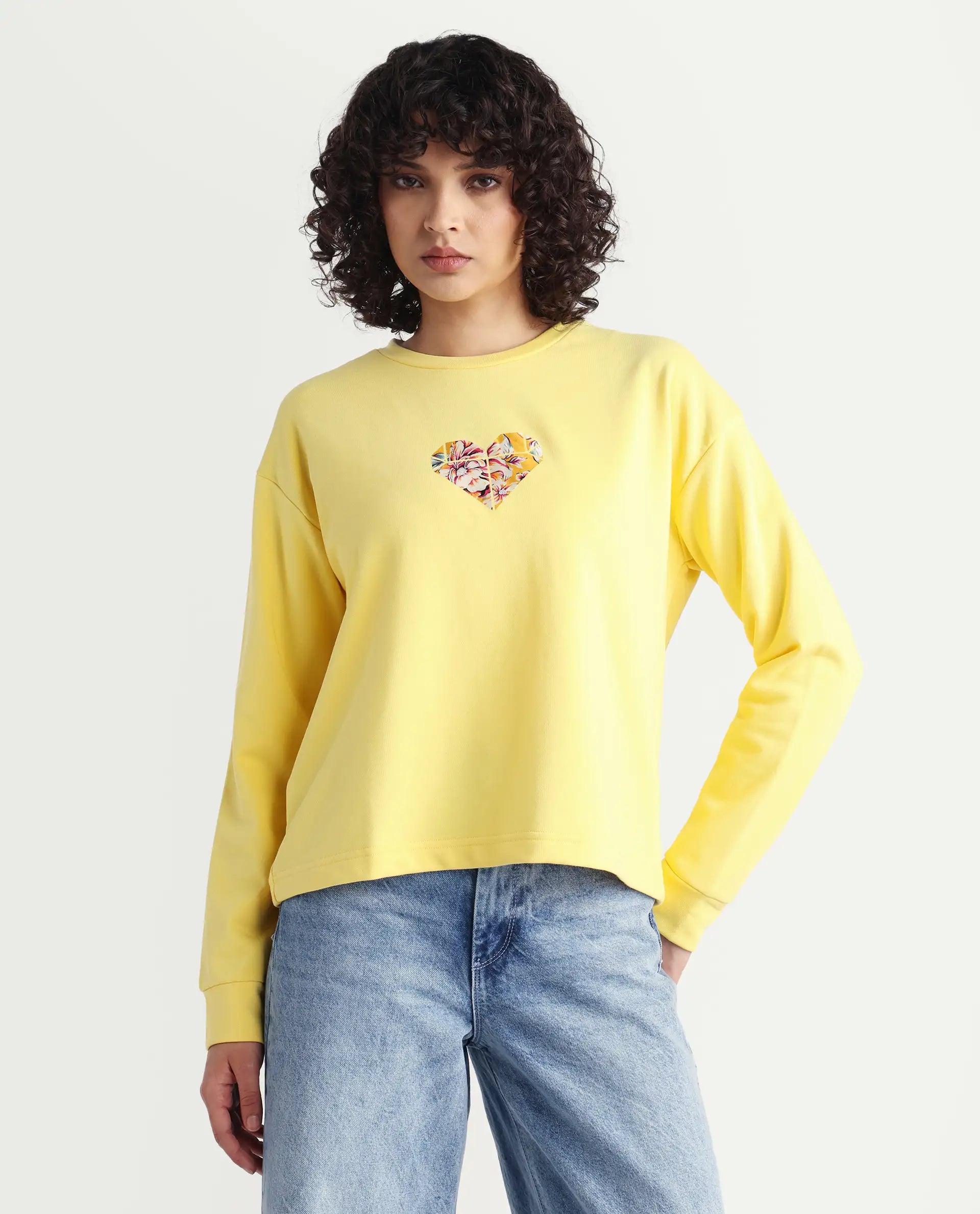 Rareism Women's Morin Yellow Cotton Crew Neck Graphic Print Cuffed Sleeve Regular Fit Sweatshirt