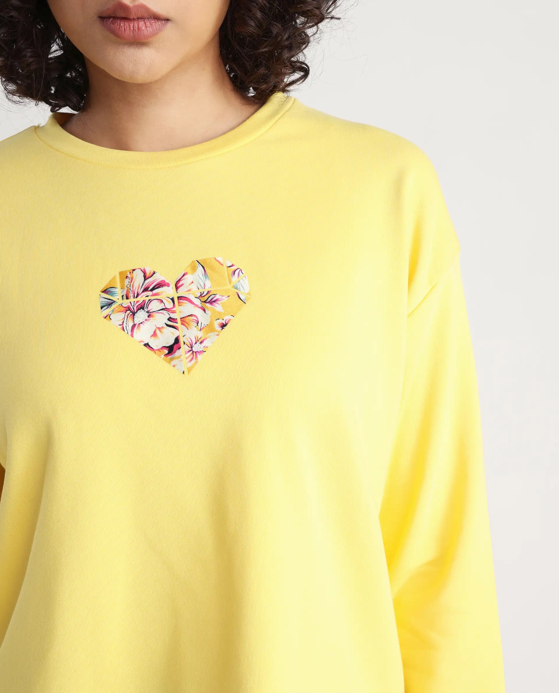Rareism Women's Morin Yellow Polyester Blend Crew Neck Graphic Print Cuffed Sleeve Regular Fit Sweatshirt