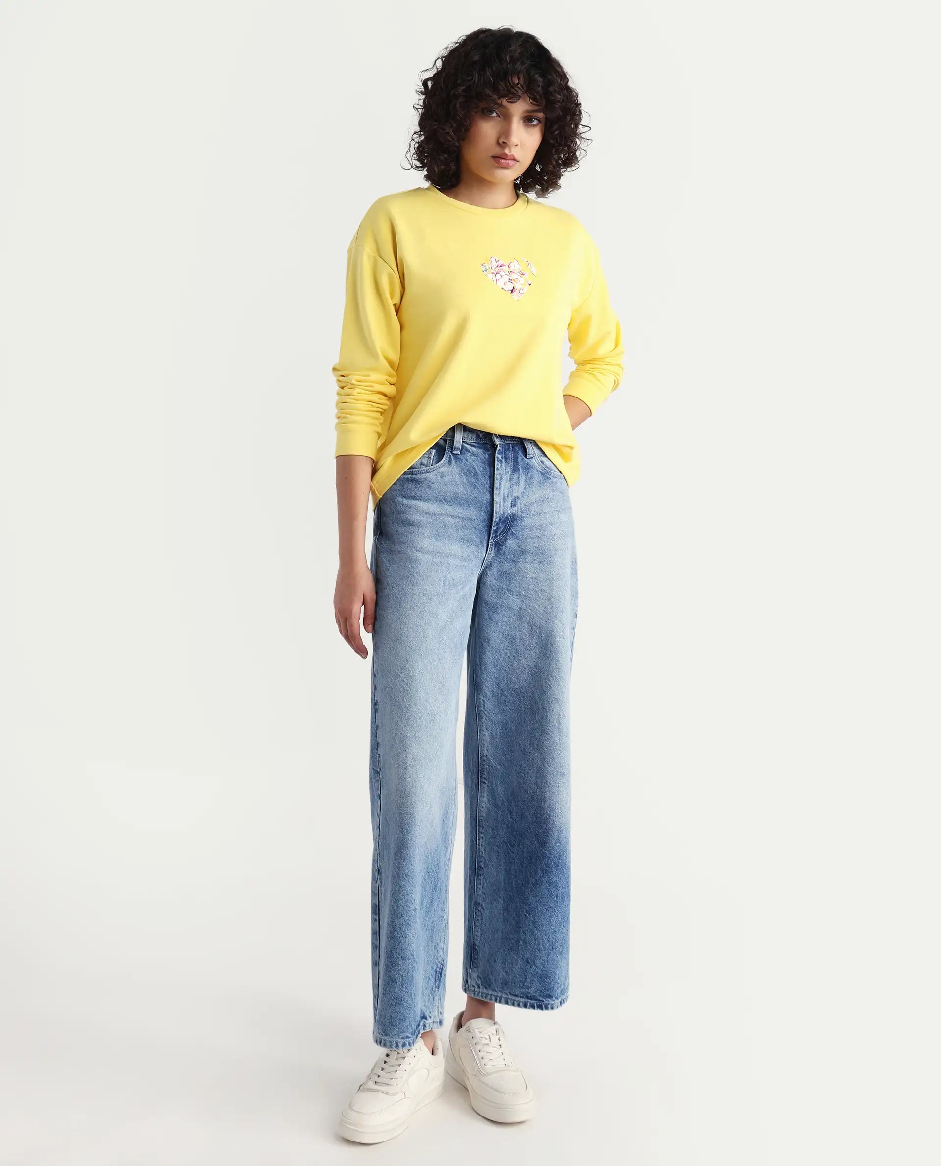 Rareism Women's Morin Yellow Cotton Crew Neck Graphic Print Cuffed Sleeve Regular Fit Sweatshirt