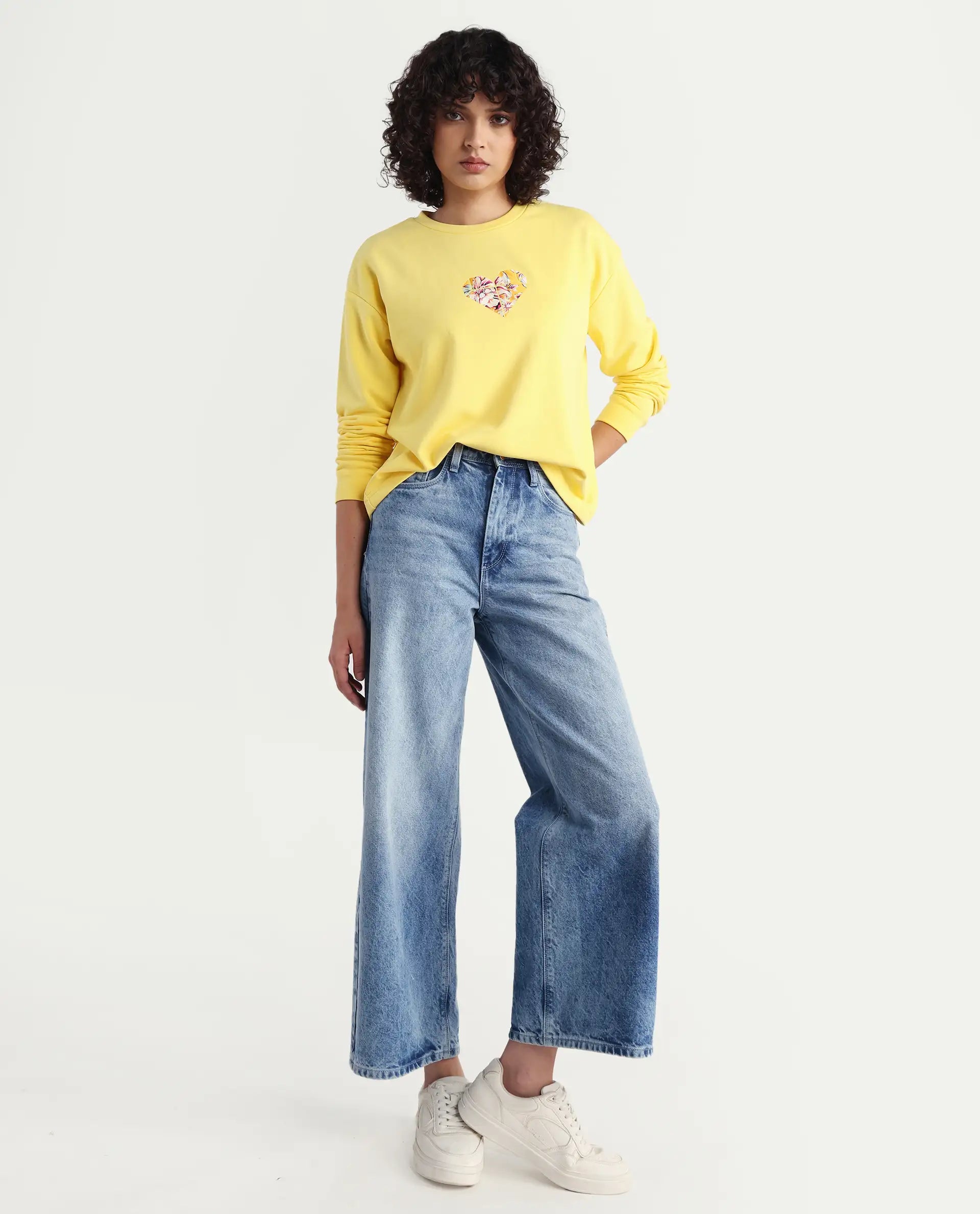 Rareism Women's Morin Yellow Cotton Crew Neck Graphic Print Cuffed Sleeve Regular Fit Sweatshirt