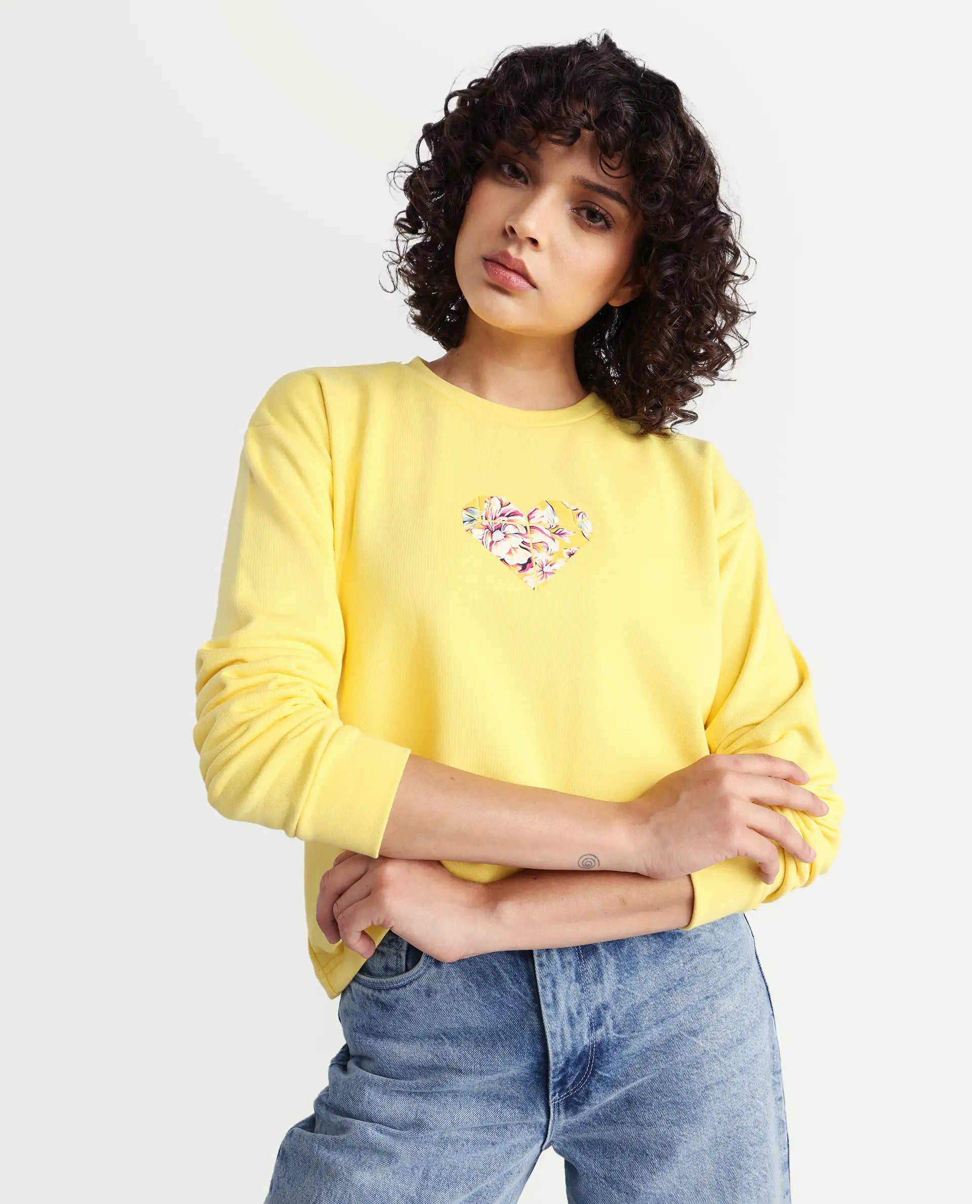 Rareism Women's Morin Yellow Cotton Crew Neck Graphic Print Cuffed Sleeve Regular Fit Sweatshirt