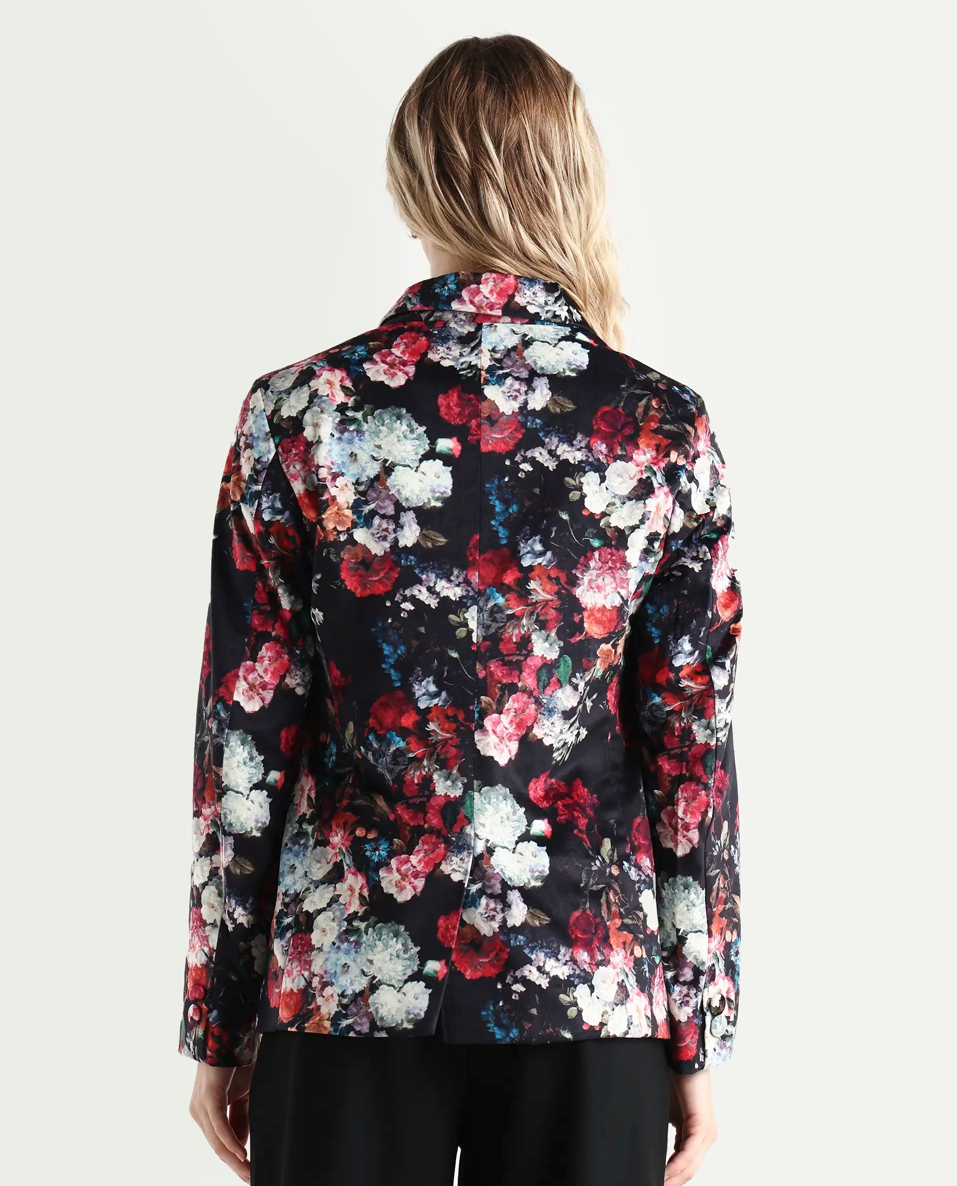 Rareism Women's Bellob Black Velvet Lapel Neck Floral Print Tailored Blazer