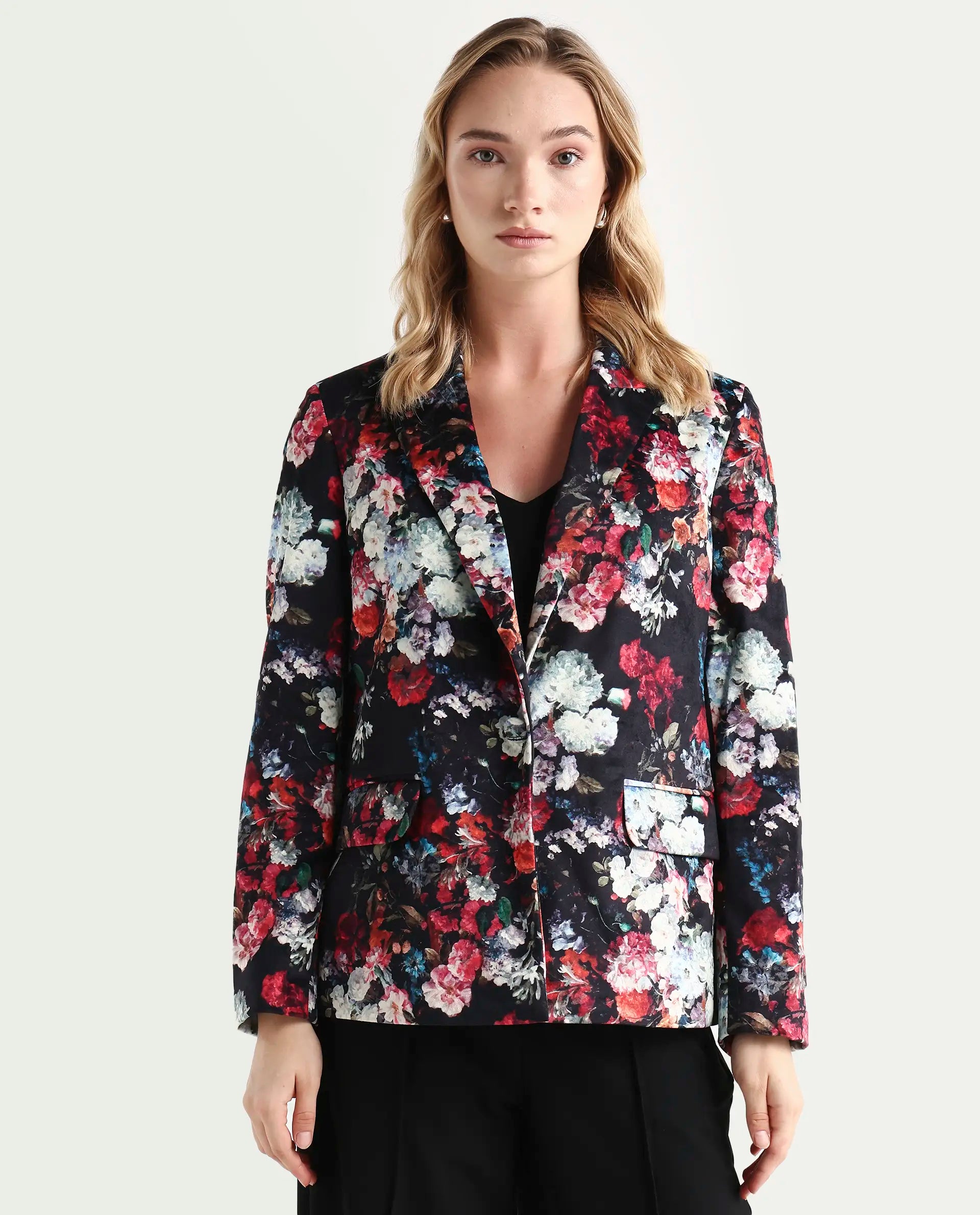 Rareism Women's Bellob Black Velvet Lapel Neck Floral Print Tailored Blazer
