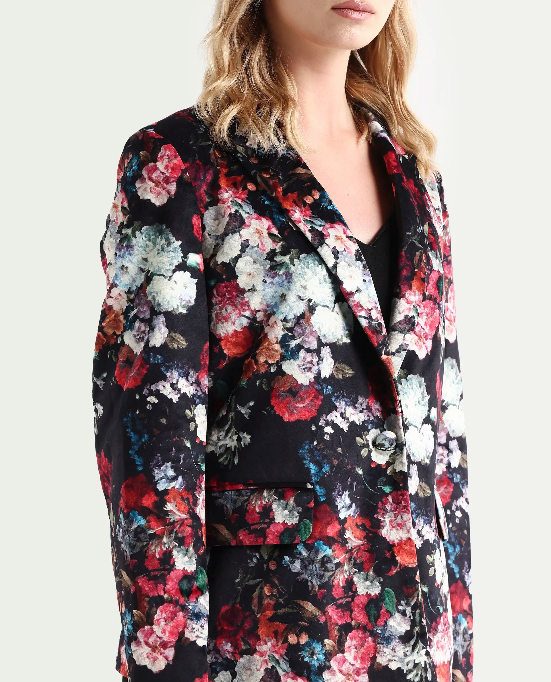 Rareism Women's Bellob Black Velvet Lapel Neck Floral Print Tailored Blazer