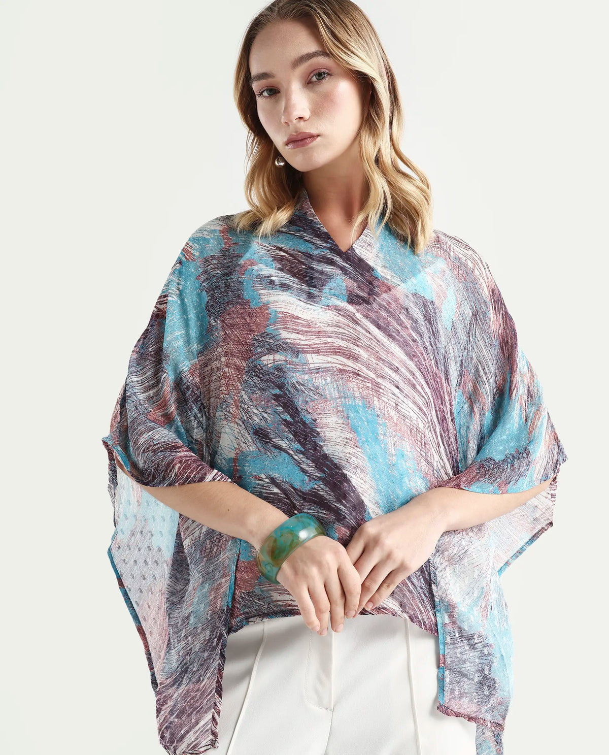Rareism Women's Sayne Blue Polyester V-Neck Abstract Print Kimono Sleeve Regular Fit Top