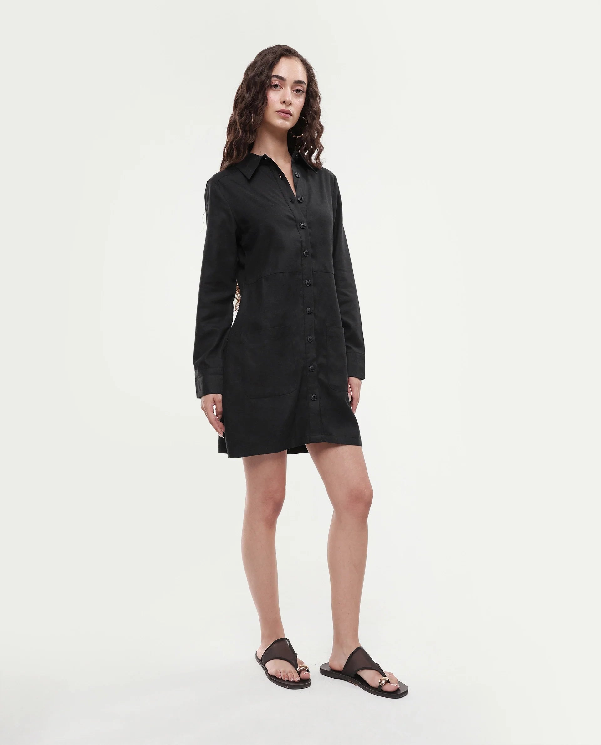 Rareism Women's Pricot Black Polyester Spread Collar Plain Cuffed Sleeve Mini Regular Fit Dress
