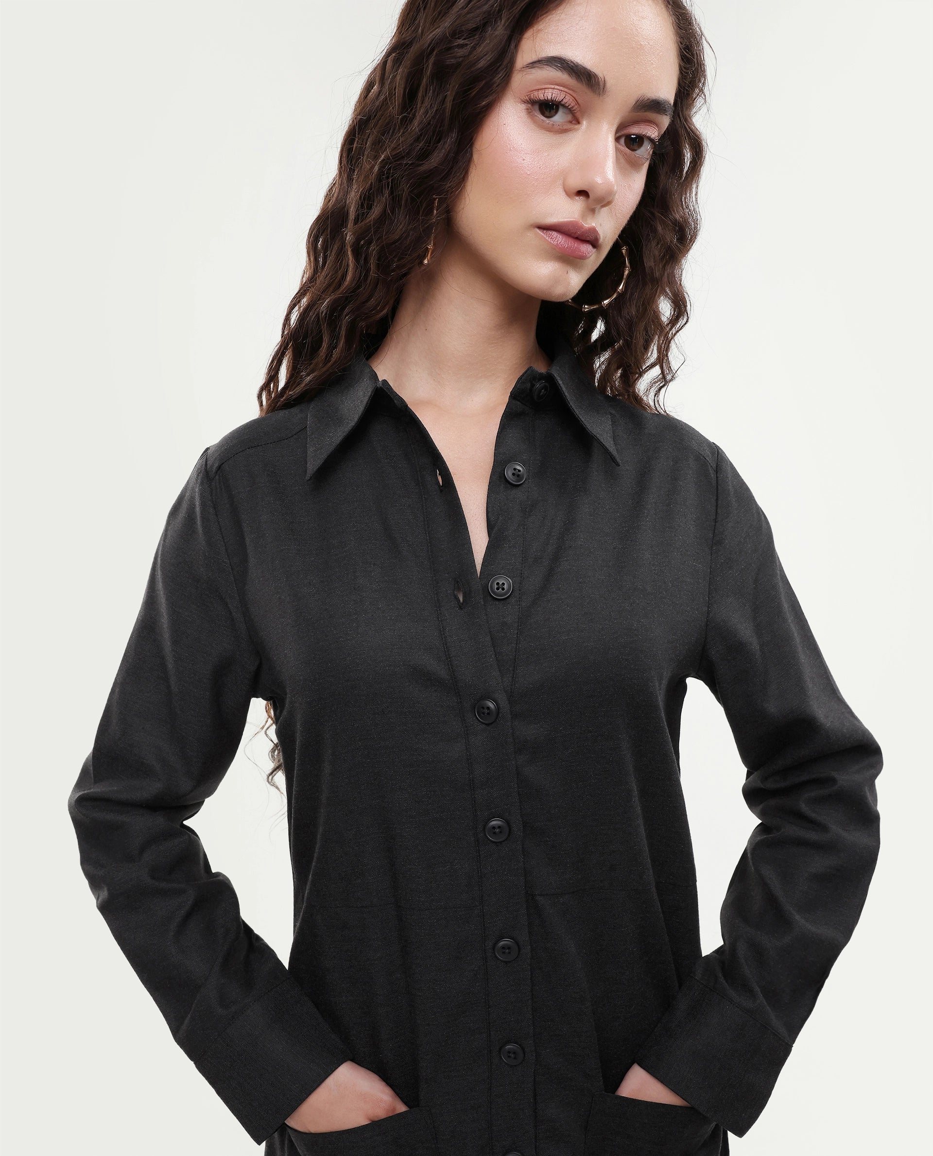 Rareism Women's Pricot Black Polyester Spread Collar Plain Cuffed Sleeve Mini Regular Fit Dress
