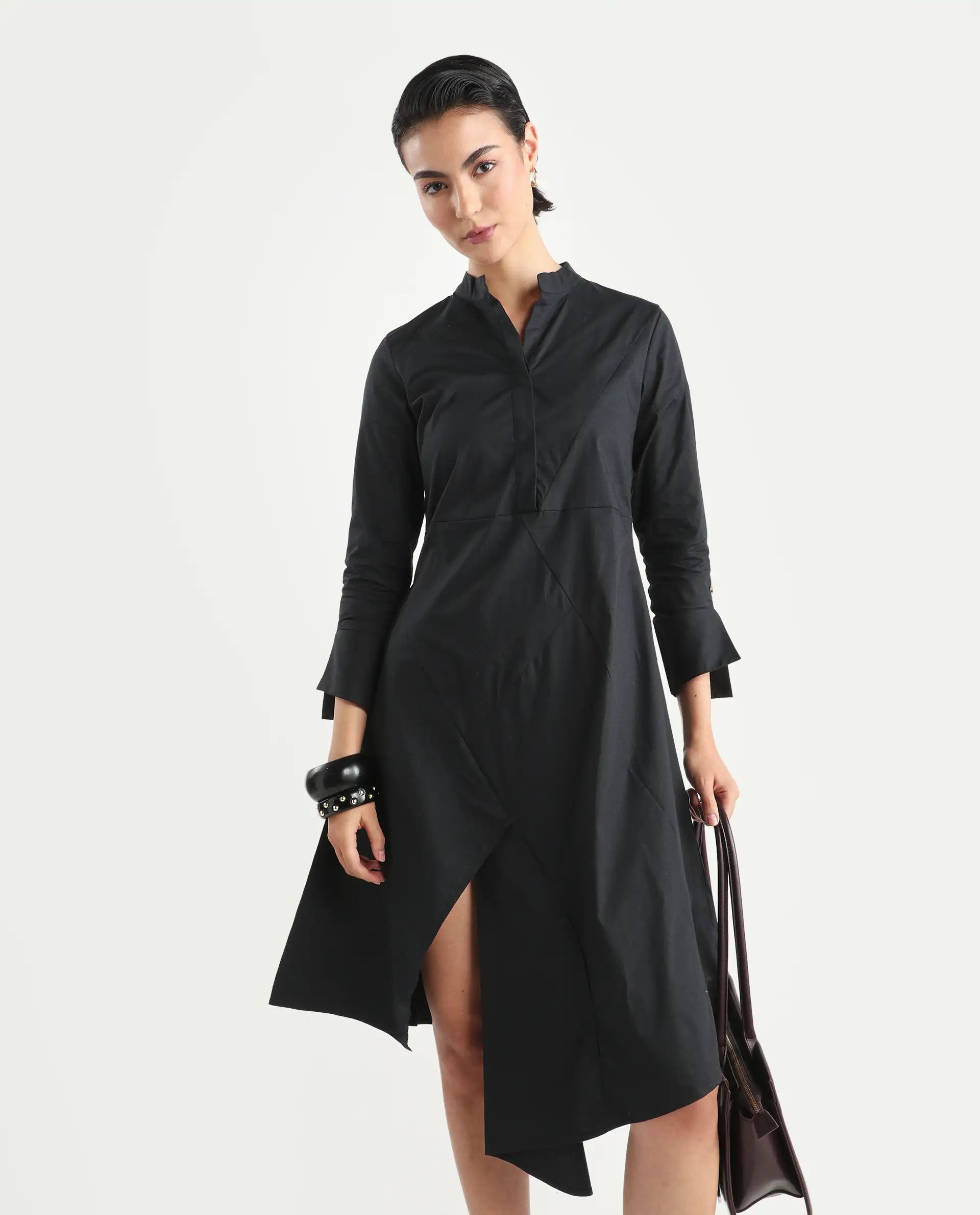 Rareism Women's Beetal Black Polyester Blend Mandarin Collar Plain Cuffed Sleeve Midi Regular Fit Dress