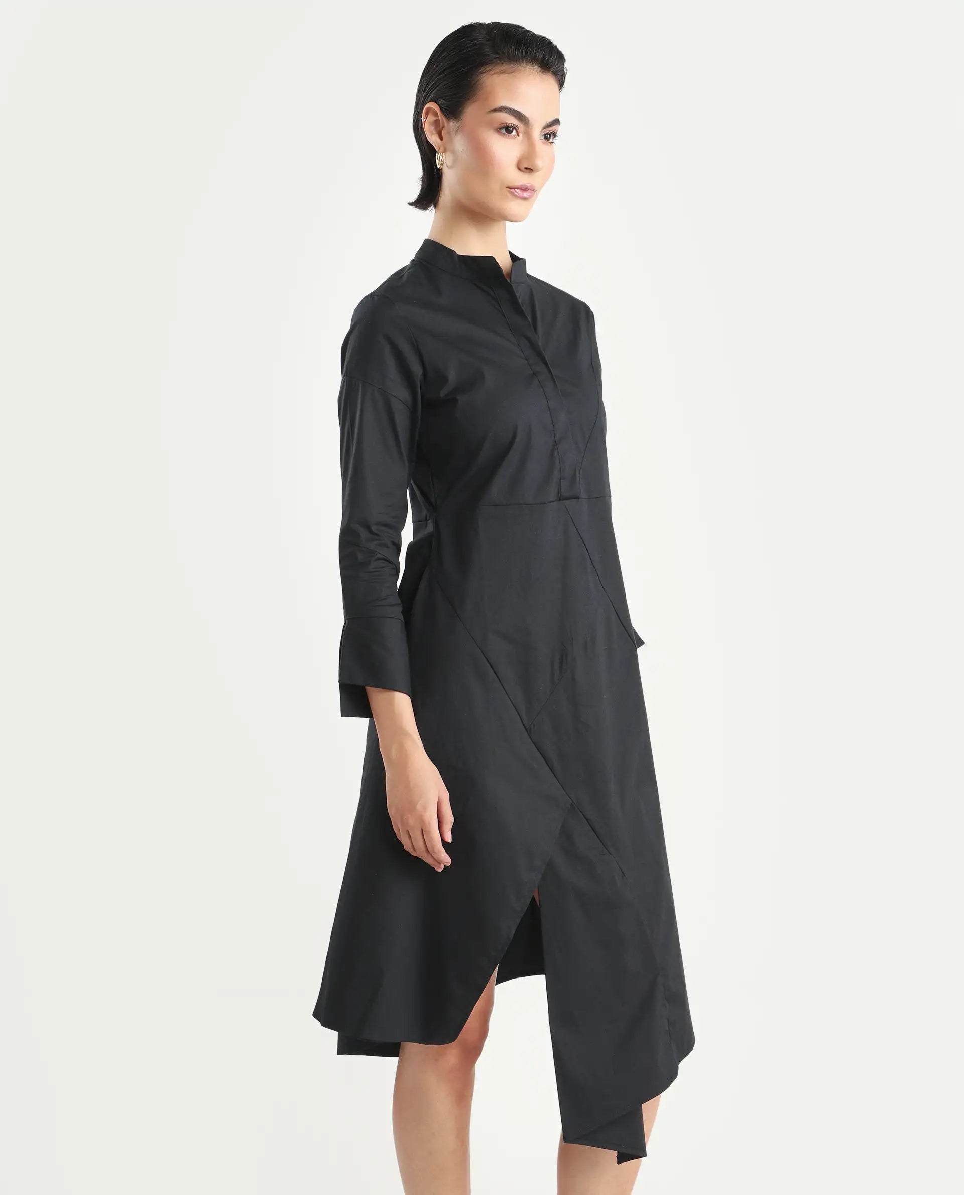 Rareism Women's Beetal Black Polyester Blend Mandarin Collar Plain Cuffed Sleeve Midi Regular Fit Dress