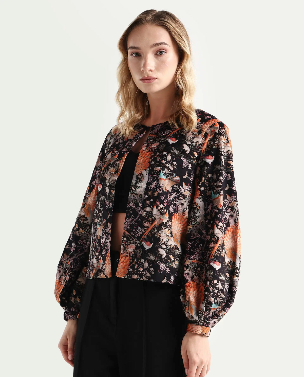 Rareism Women's Zamp Black Polyester Blend Collarless Floral Print Volume Sleeve Regular Fit Shrug