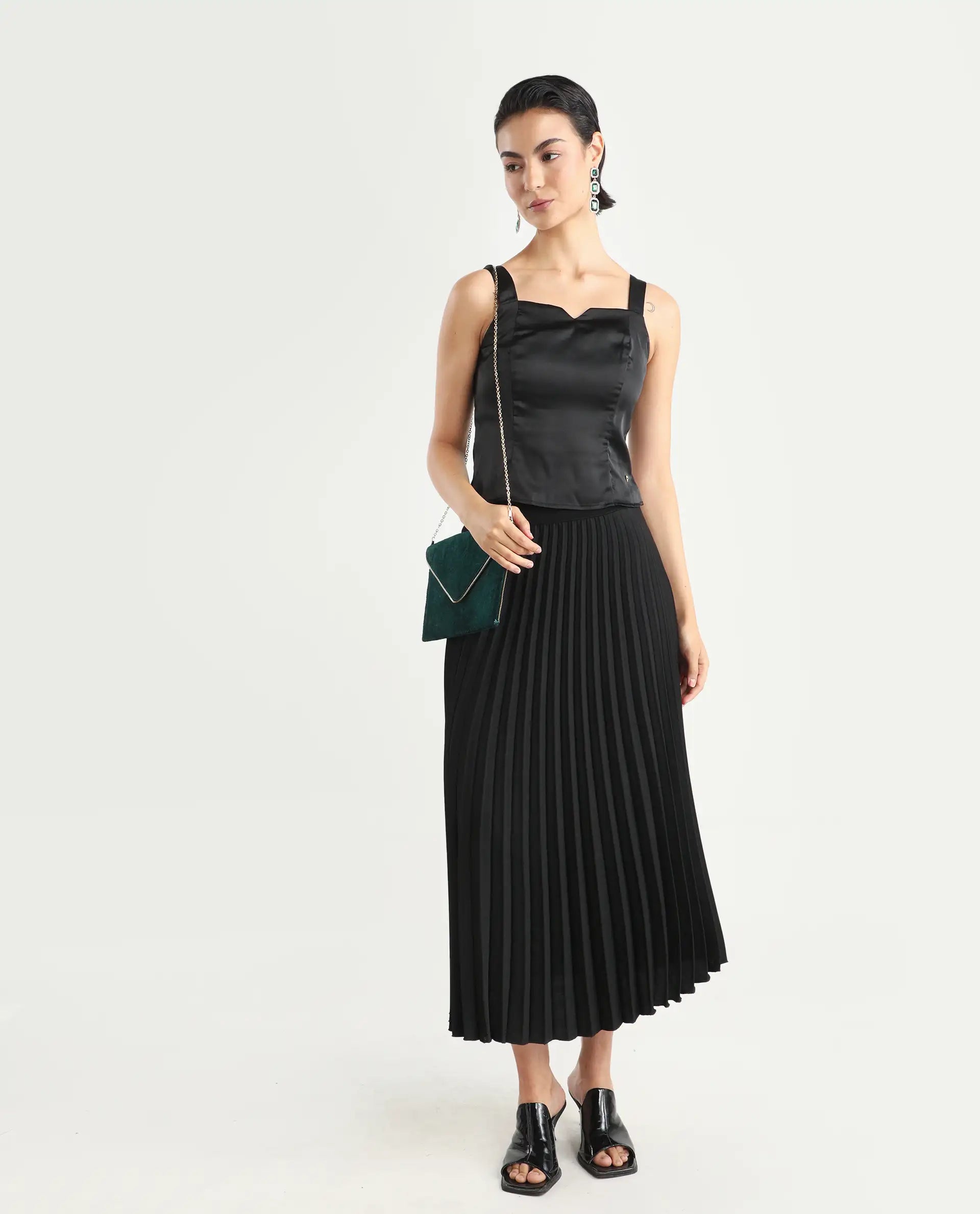 Rareism Women's Polzo Black Polyester Tube Neck Plain Shoulder Strap Regular Fit Top