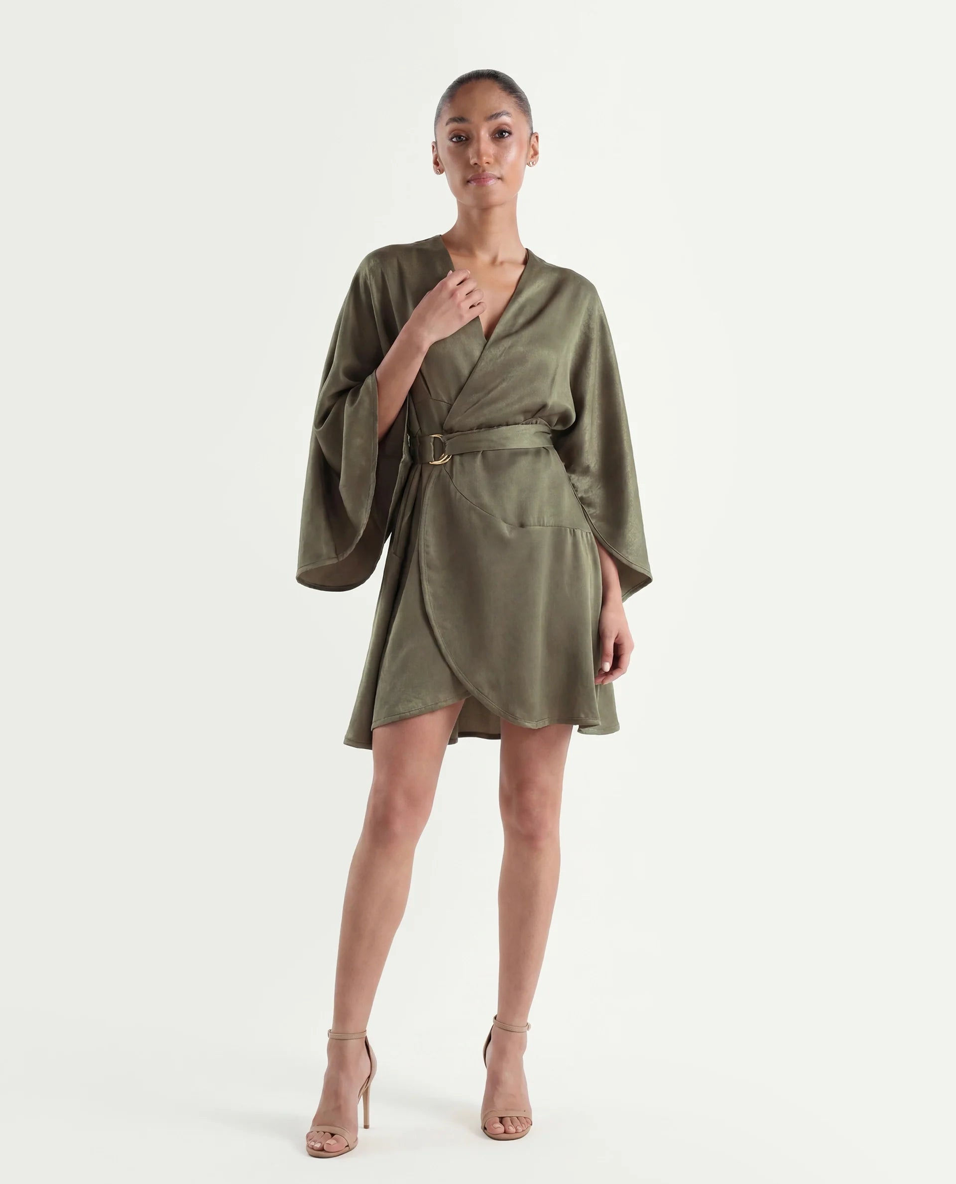 Rareism Women's Alapeno Dark Olive Polyester Overlap Neck Plain Bell Sleeve Mini Fit And Flare Dress
