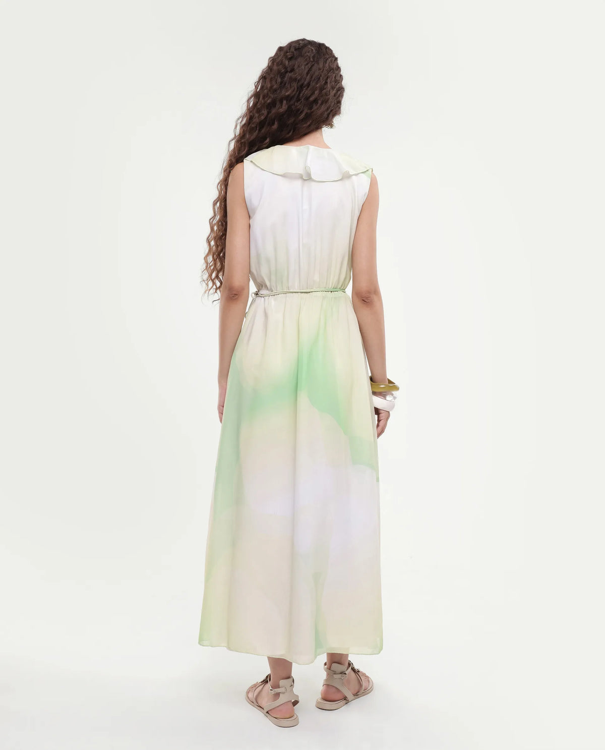 Rareism Women's Alicia Green Polyester Overlap Neck Abstract Print Sleeveless Maxi A-Line Dress