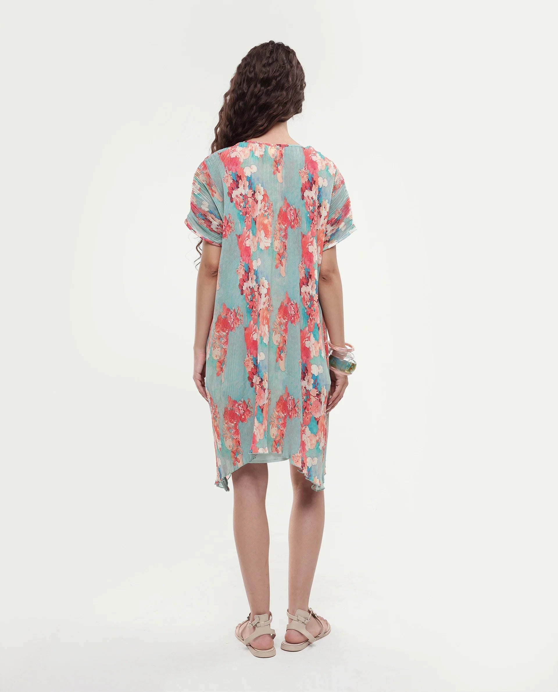 Rareism Women's Dellusion Multi Polyester Blend V-Neck Floral Print Extended Sleeves Mini Asymmetric Dress
