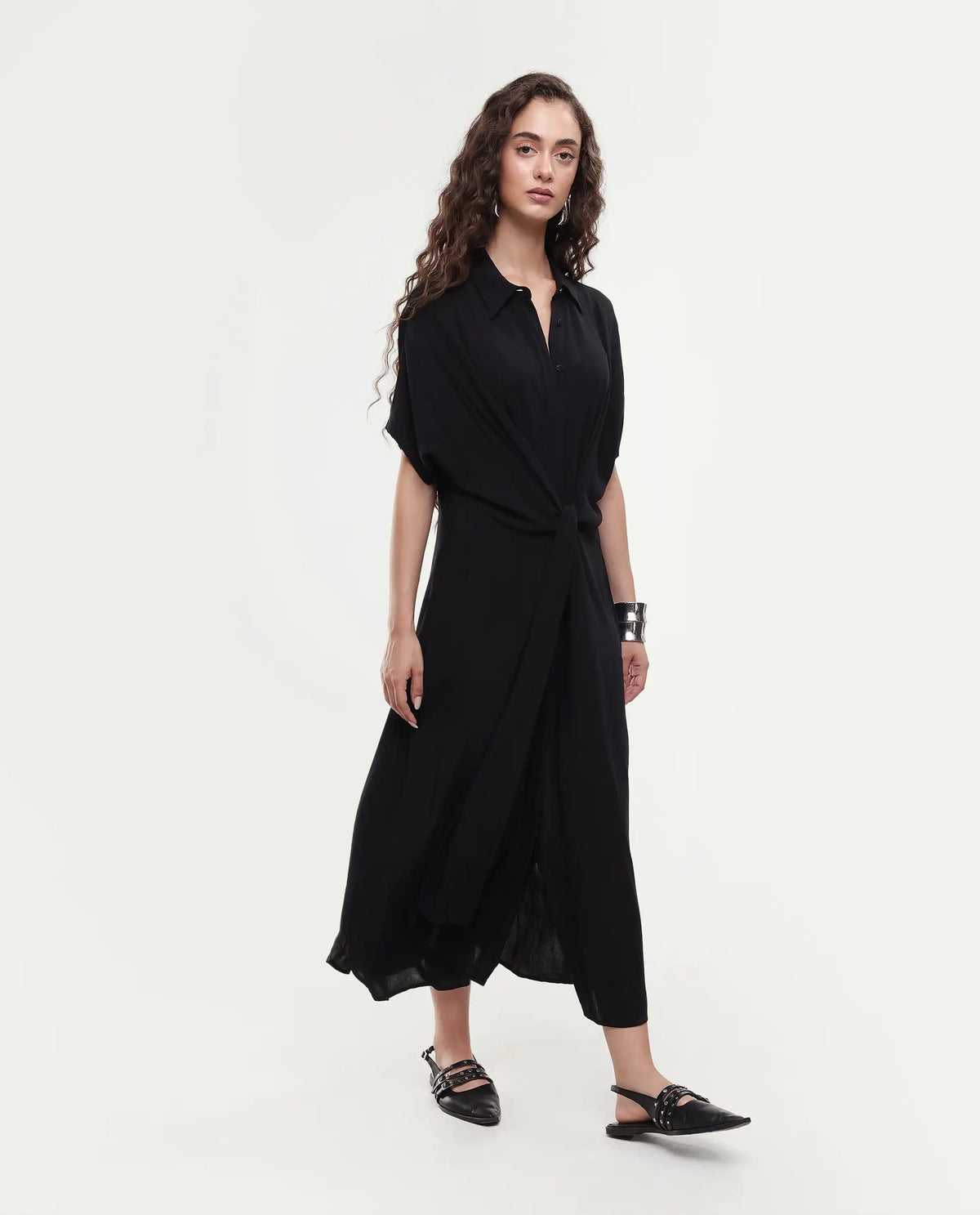 Rareism Women's Ella Black Drop Collar Plain Extended Sleeves Midi Relaxed Fit Dress