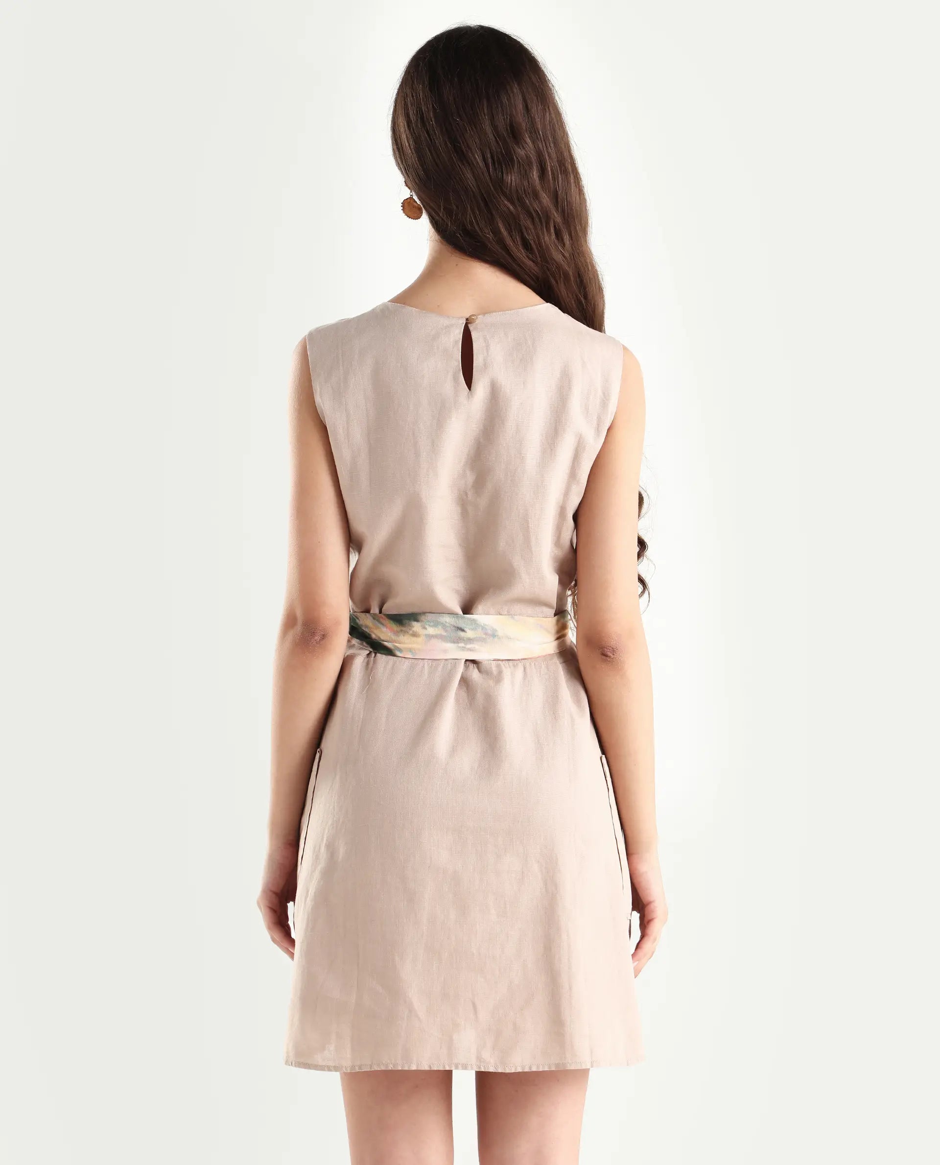 Rareism Women's Felix Light Beige Linen Blend Crew Neck Plain Sleeveless Mini A-Line Dress