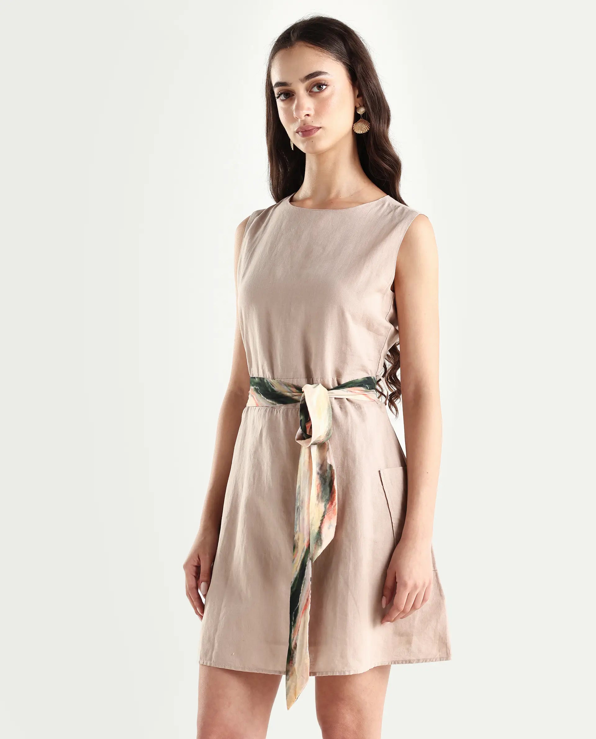 Rareism Women's Felix Light Beige Linen Blend Crew Neck Plain Sleeveless Mini A-Line Dress